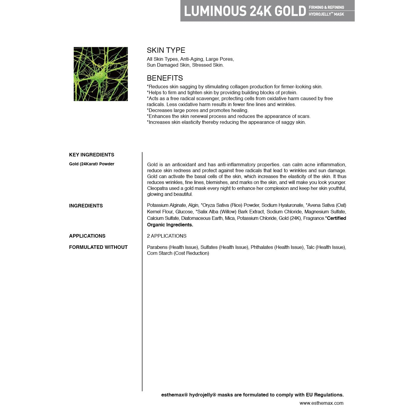 Product information sheet for Luminous 24K Gold with text and green image on a white background