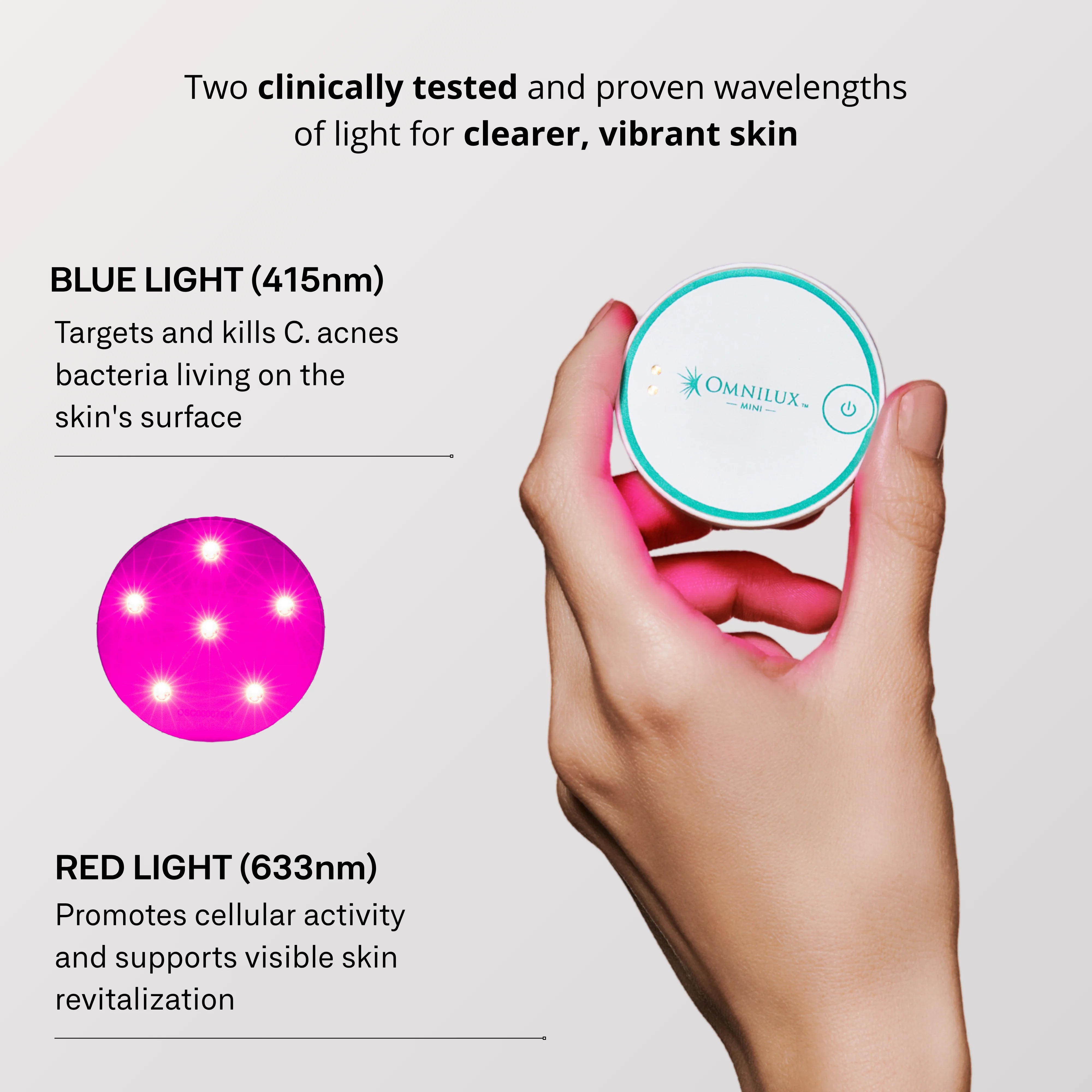 Hand holding a skin care device with text about blue and red light wavelengths for skin health.