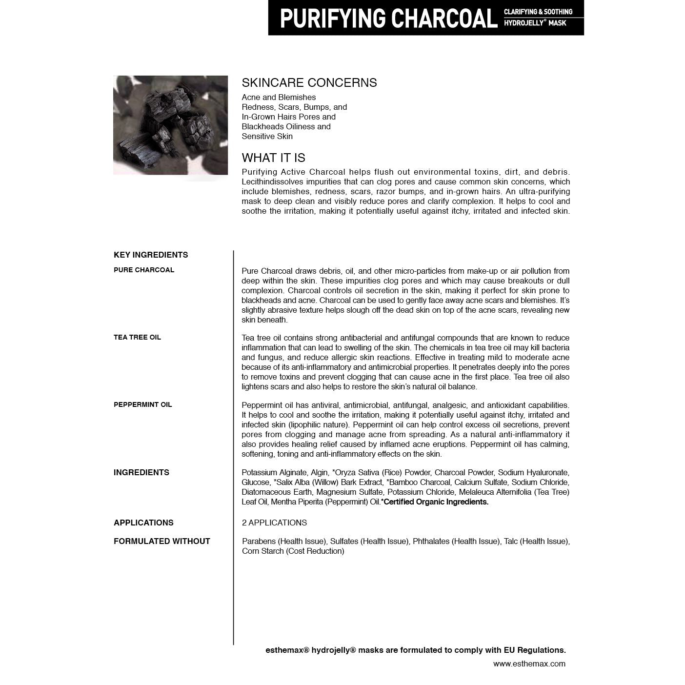 Product information sheet for a skincare mask with charcoal and tea tree oil on a white background.