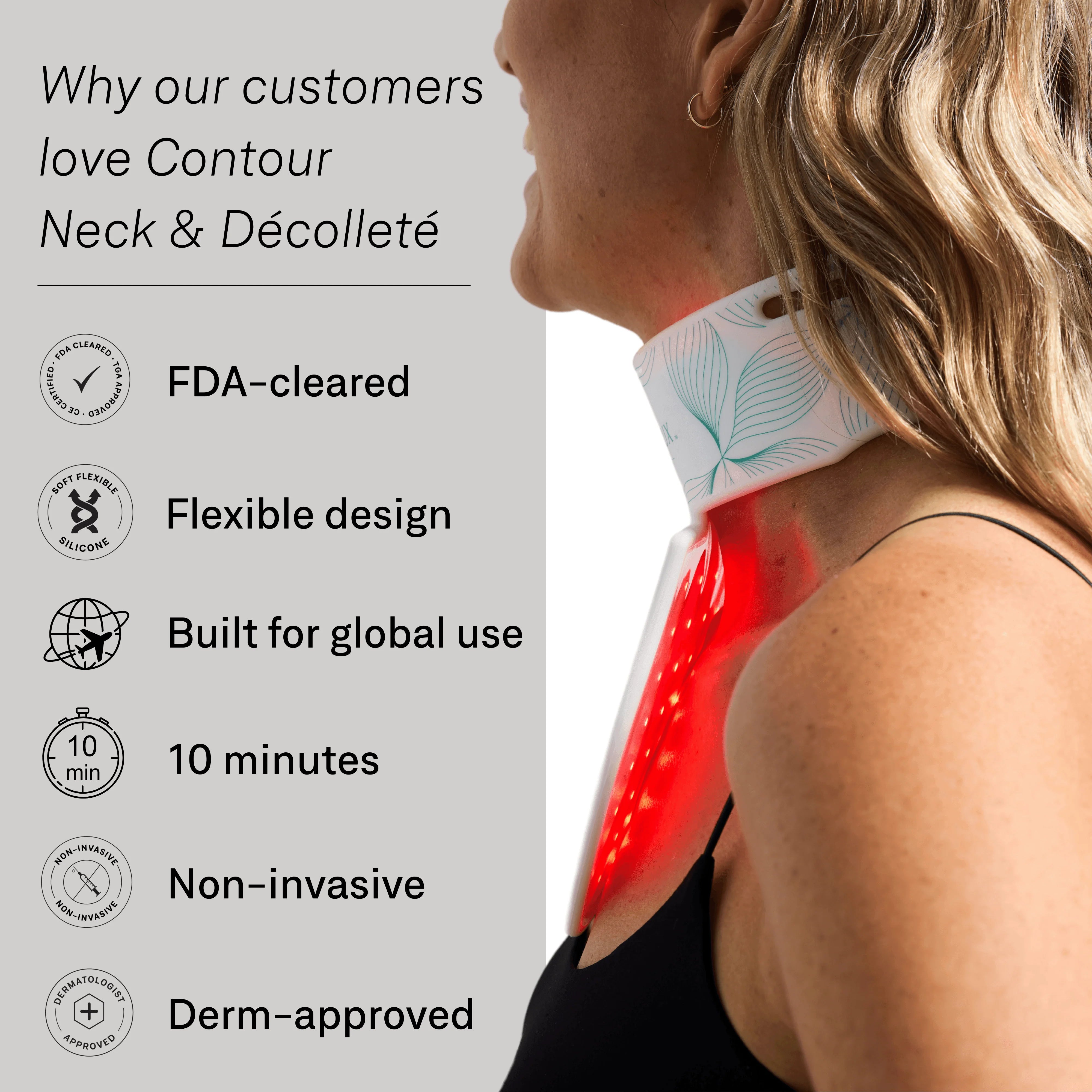 Woman wearing a neck and décolleté LED device with text highlighting its features.