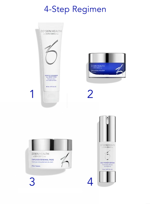 Four skincare products from a 4-step regimen on a white background