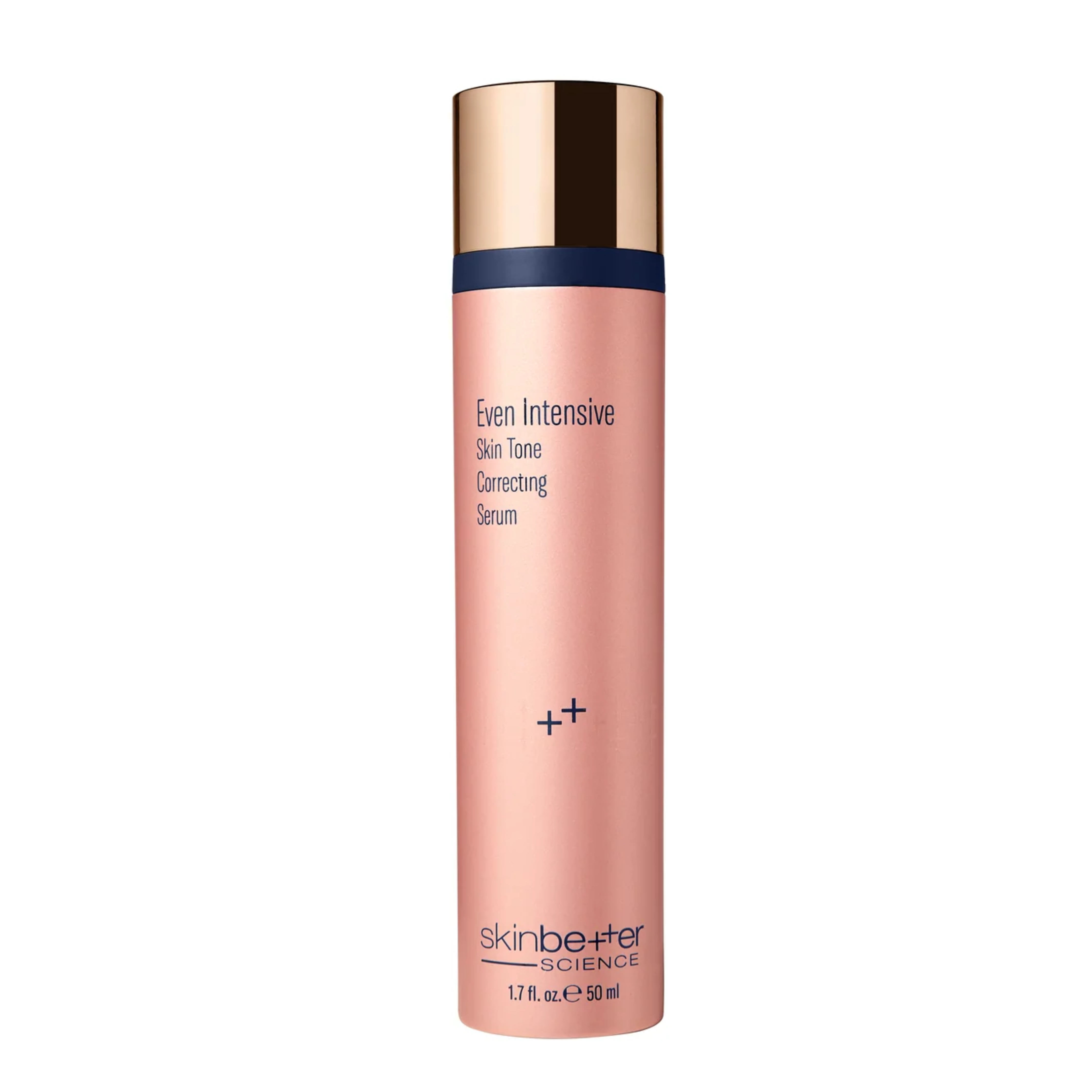 Skincare serum bottle with rose gold cap and body on a white background