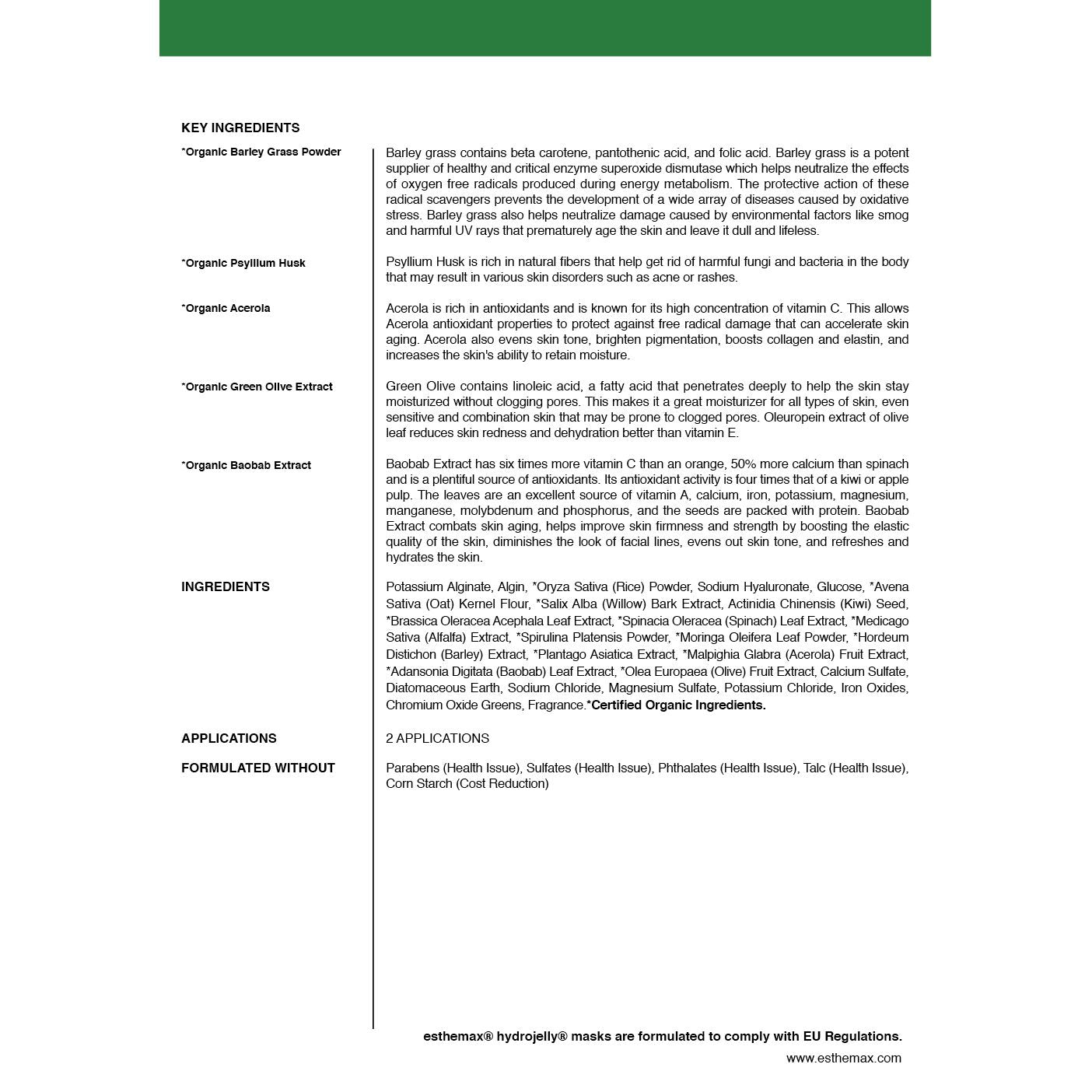Product label with key ingredients and applications of a jelly mask.