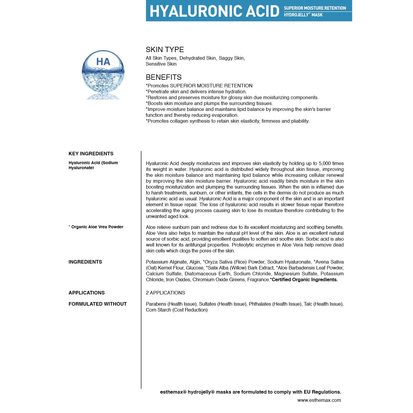 Hyaluronic Acid product information sheet with text and logo on a white background