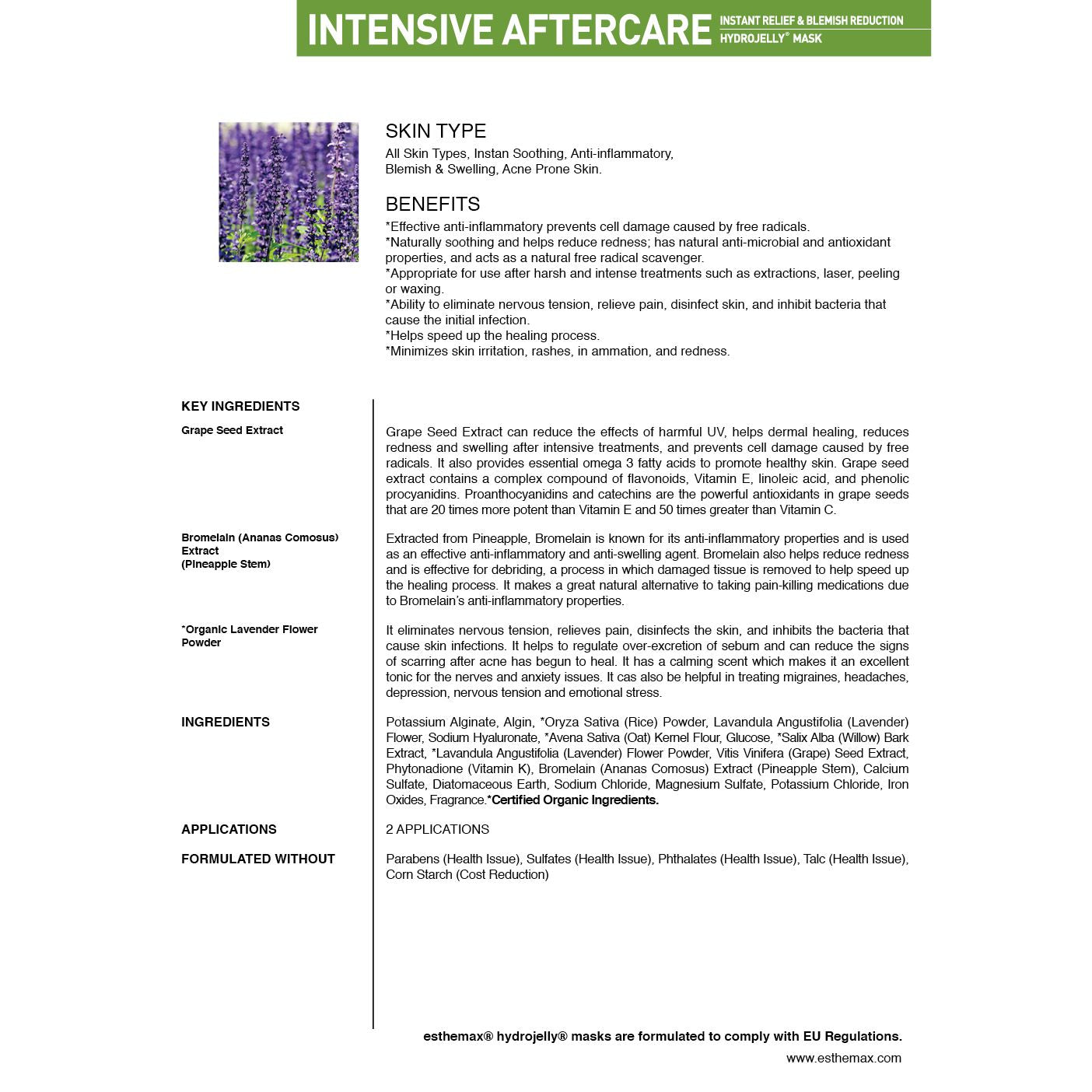 Intensive aftercare product description sheet with ingredients and benefits listed.