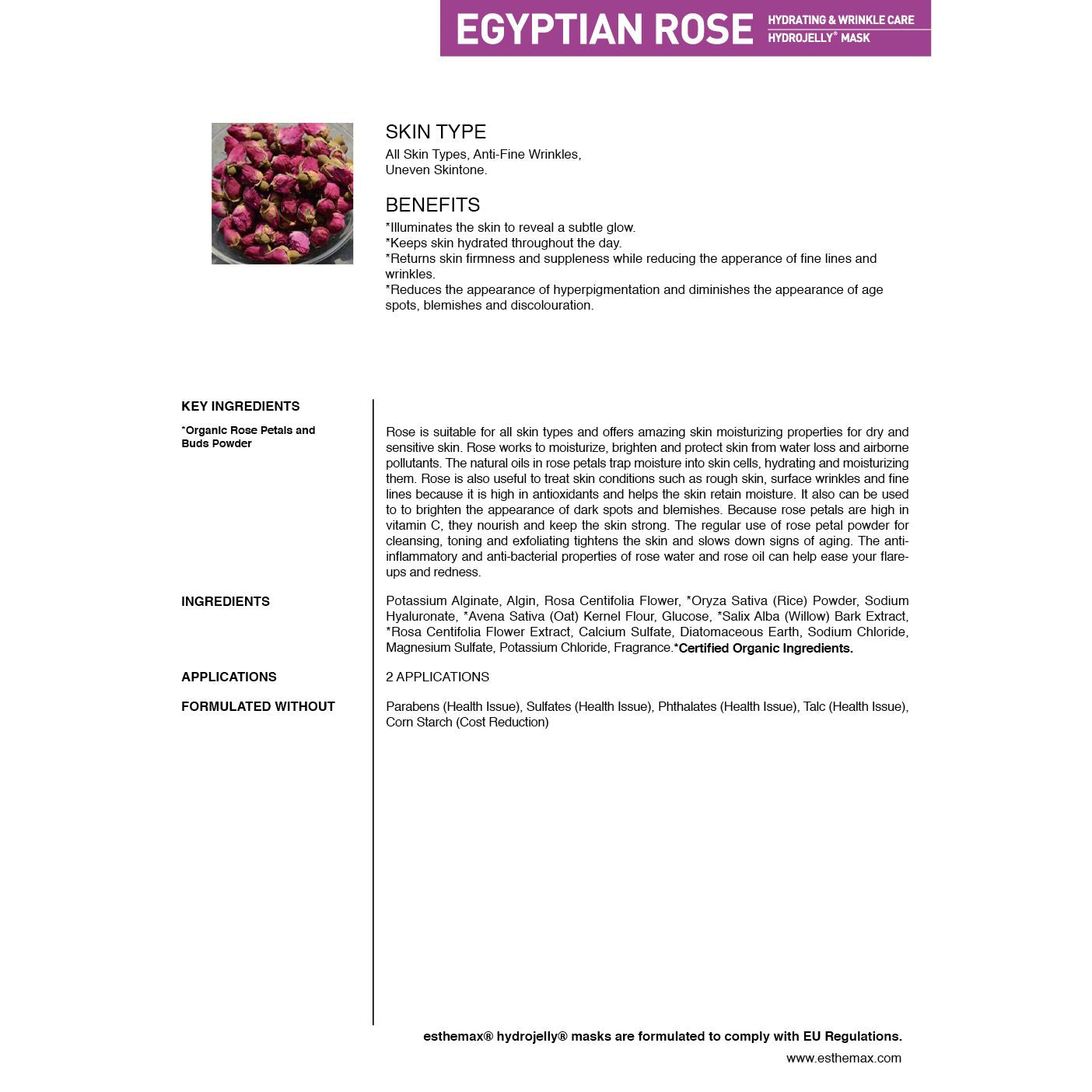 Product information sheet for Egyptian Rose mask with text and images of roses.