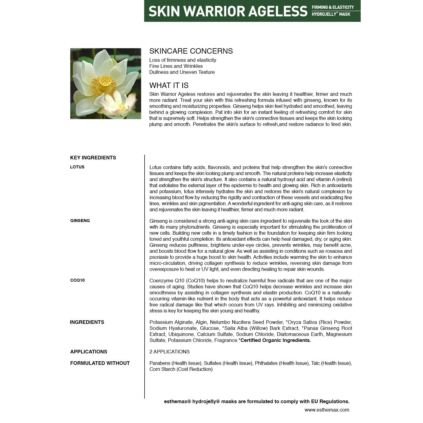 Product information sheet for 'Skin Warrior Ageless' skincare mask with ingredients and benefits.