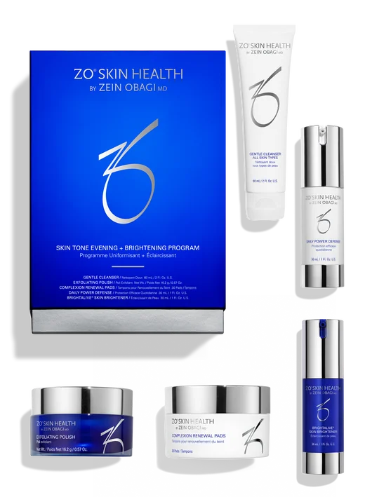 ZO Skin Health skincare products including a box and various bottles on a white background