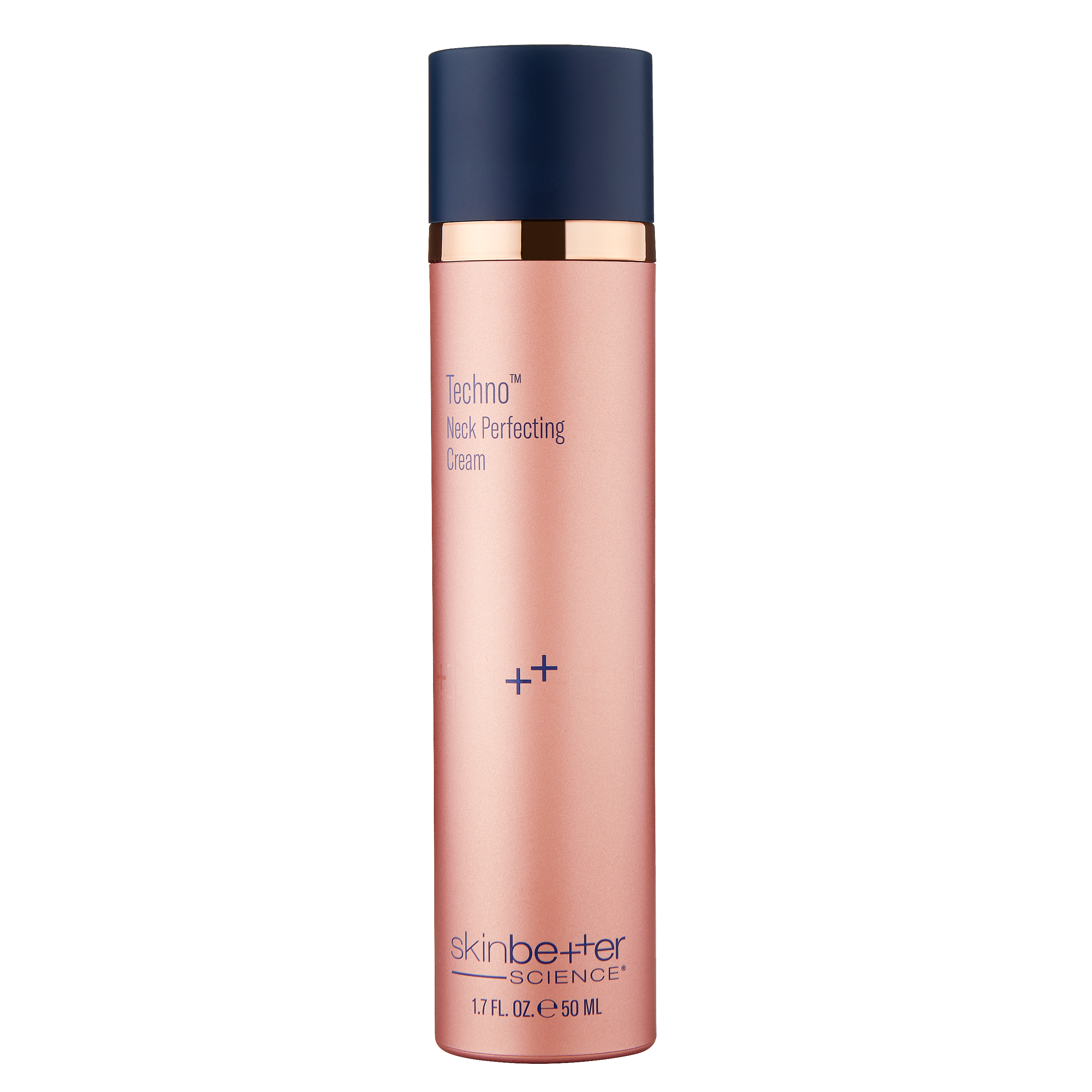 Skincare bottle with navy cap and rose gold body on a white background