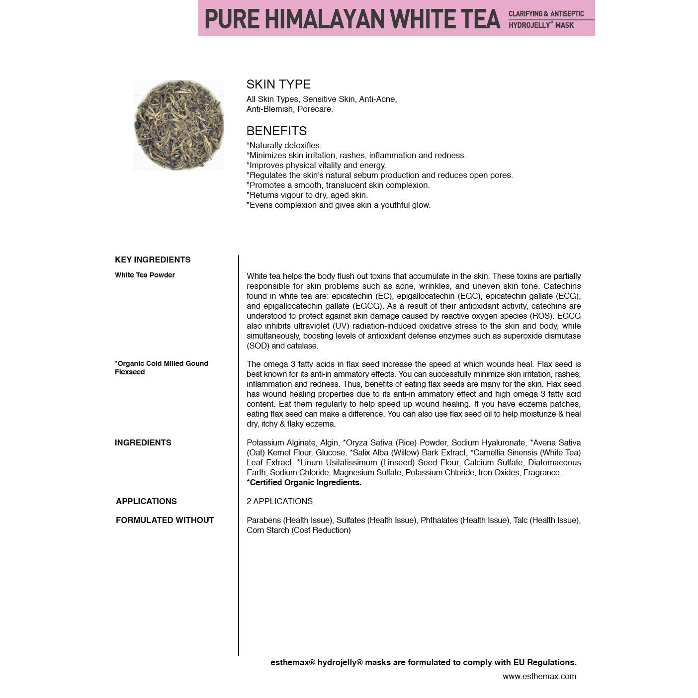 Product information sheet for Pure Himalayan White Tea with text and tea leaves on a white background