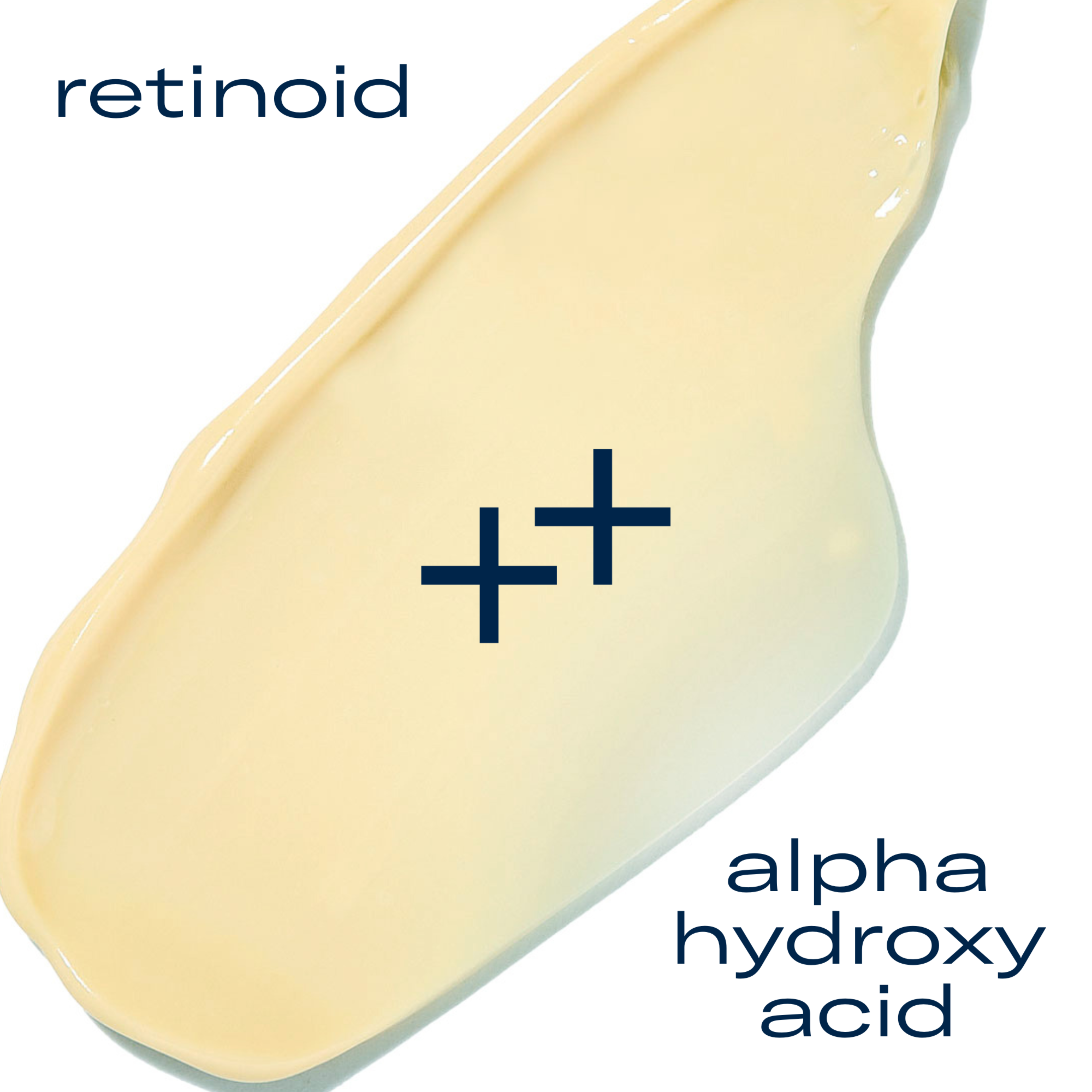 Cosmetic product with 'retinoid' and 'alpha hydroxy acid' text on a white background