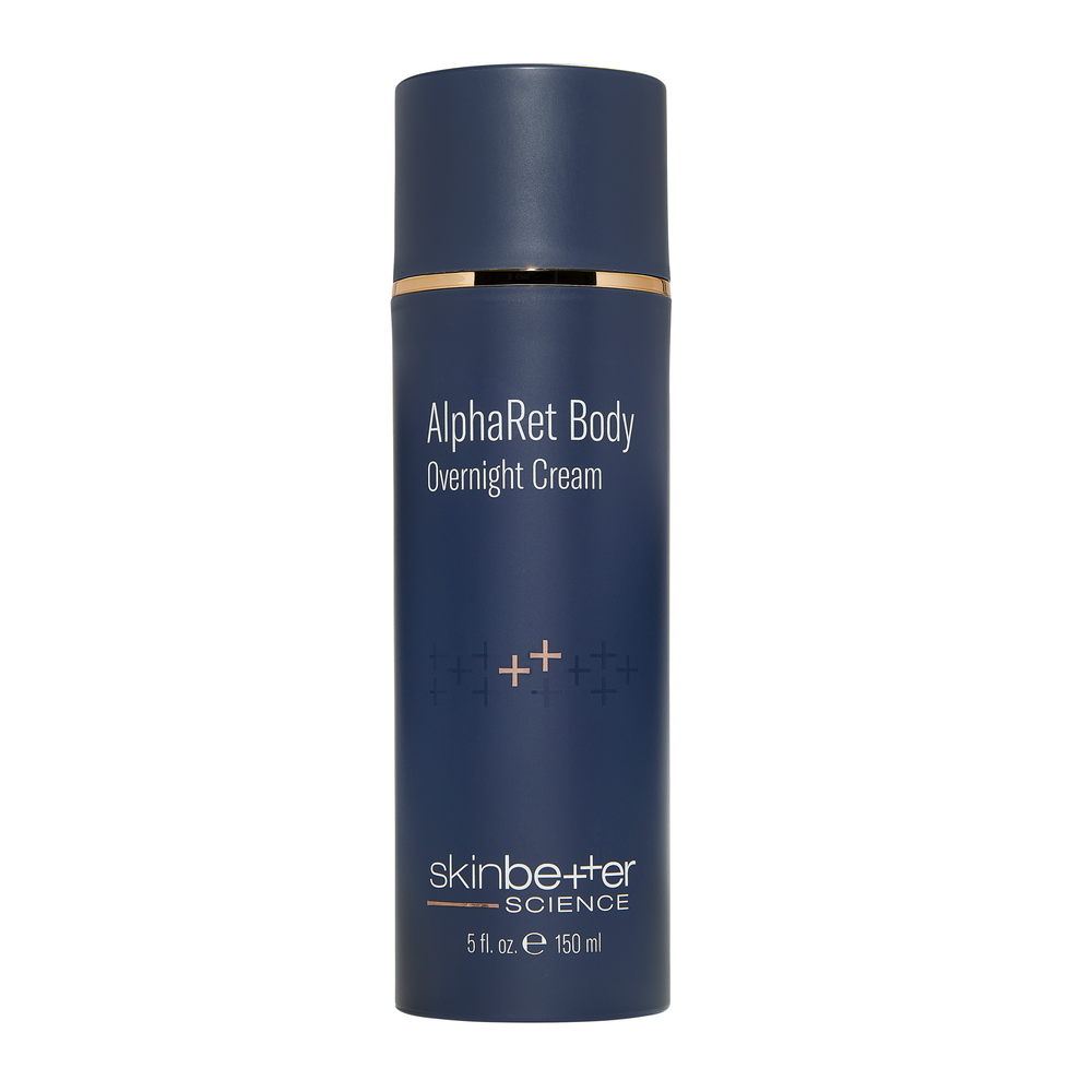 Blue skincare bottle labeled 'AlphaRet Body Overnight Cream' on a white background