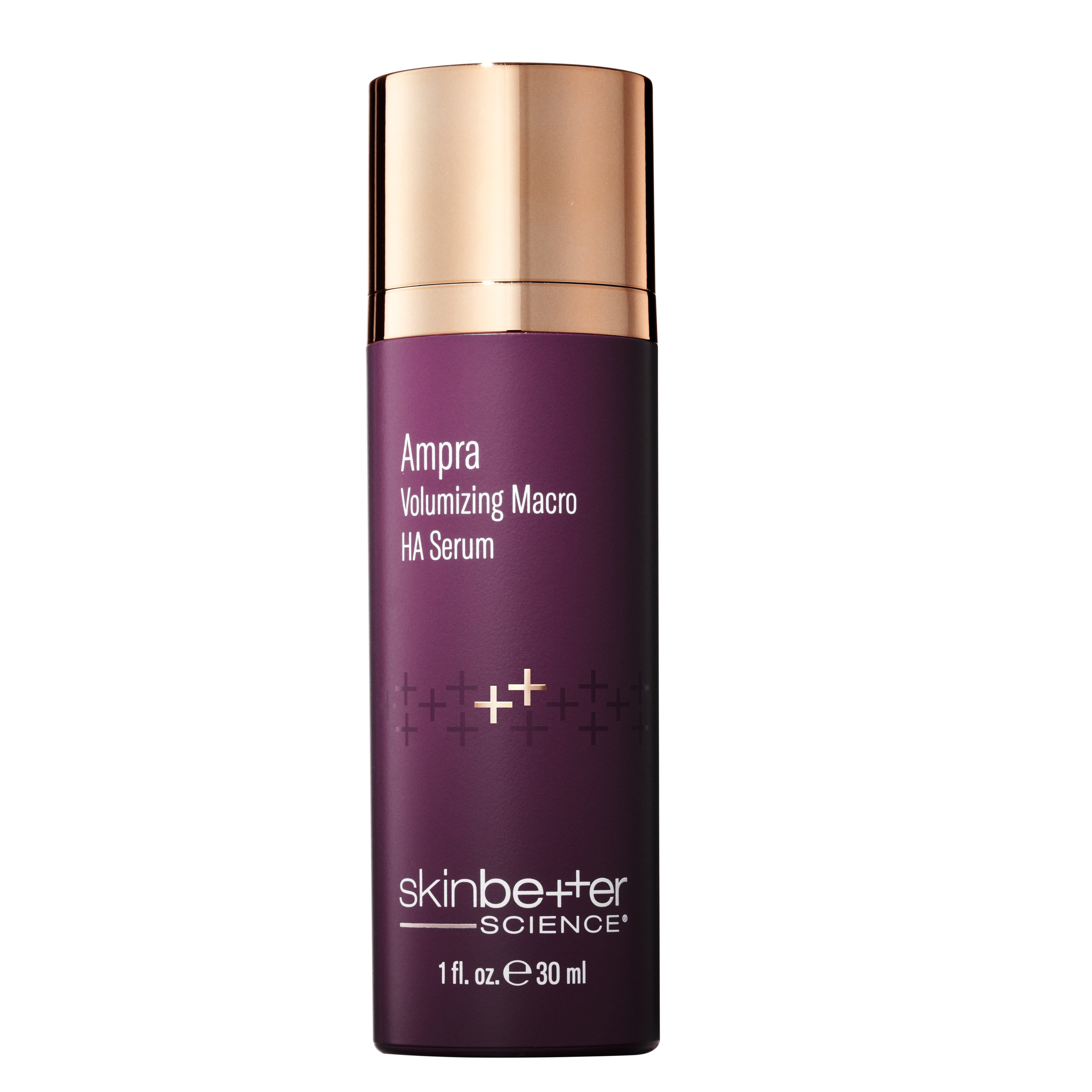 Ampra Volumizing Macro HA Serum bottle with gold cap on a white background