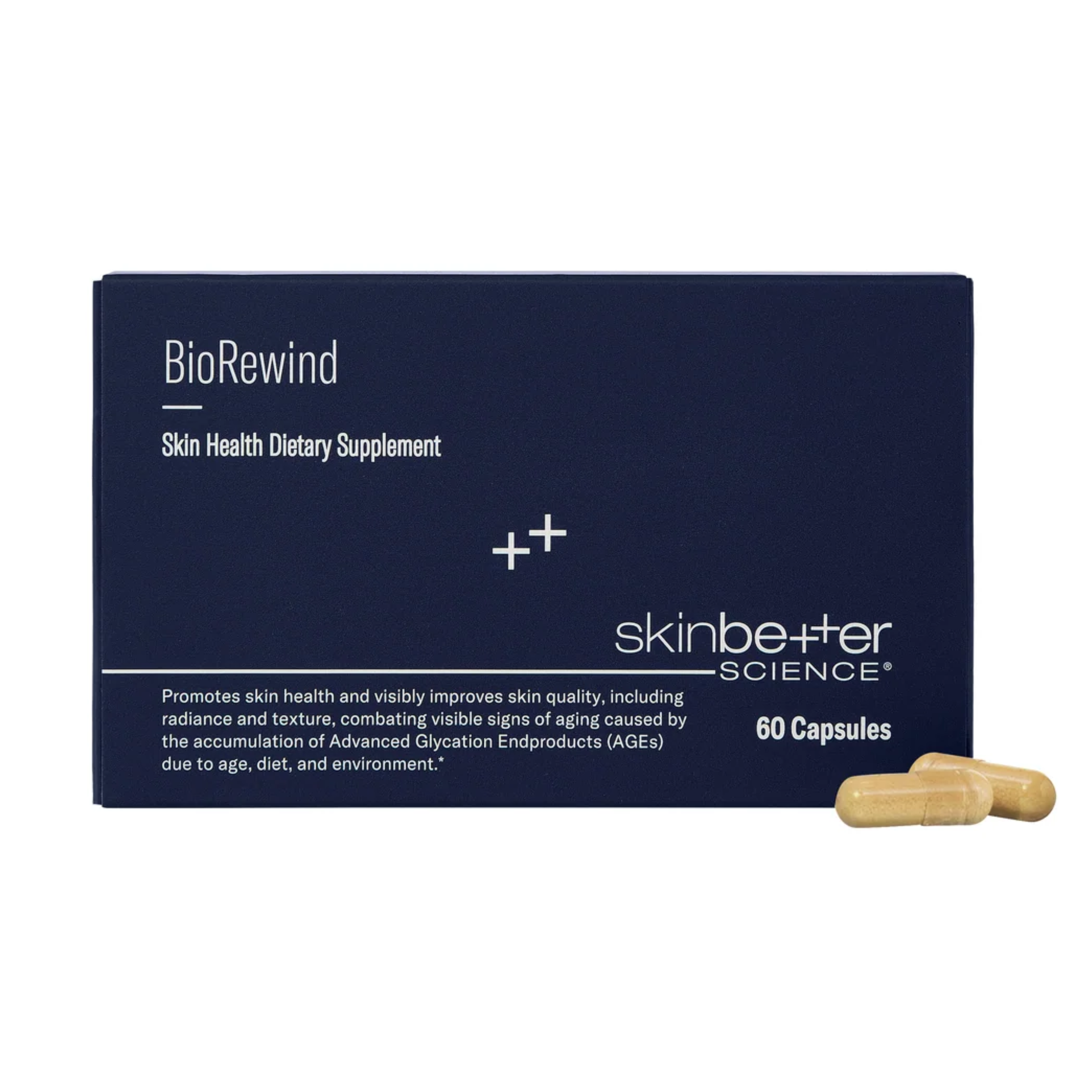 BioRewind Skin Health Dietary Supplement packaging with capsules on a white background