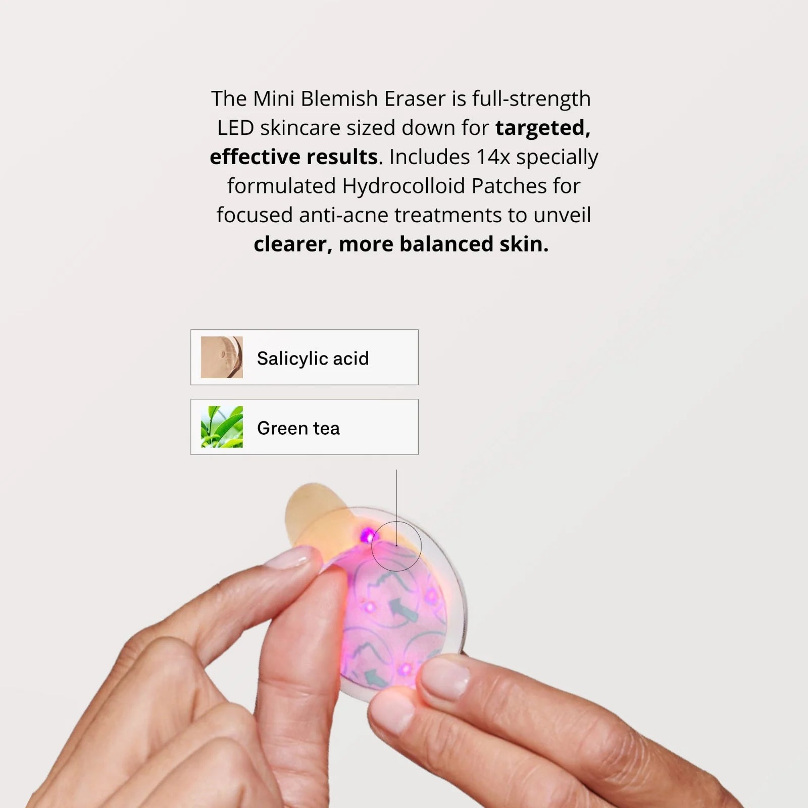 blemish eraser with text about LED skincare and hydrocolloid patches.