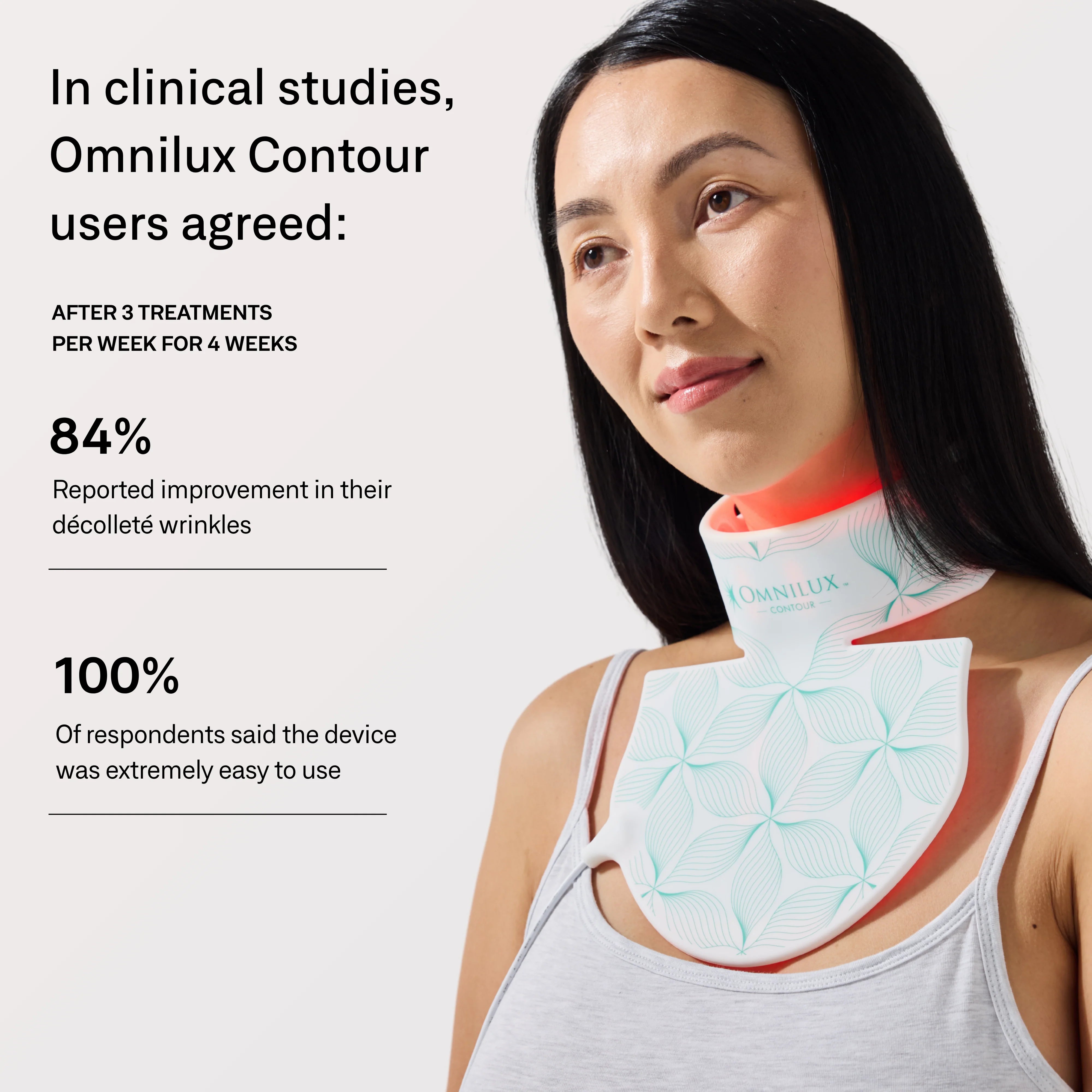 Woman wearing an LED neck device with clinical study results displayed on a white background