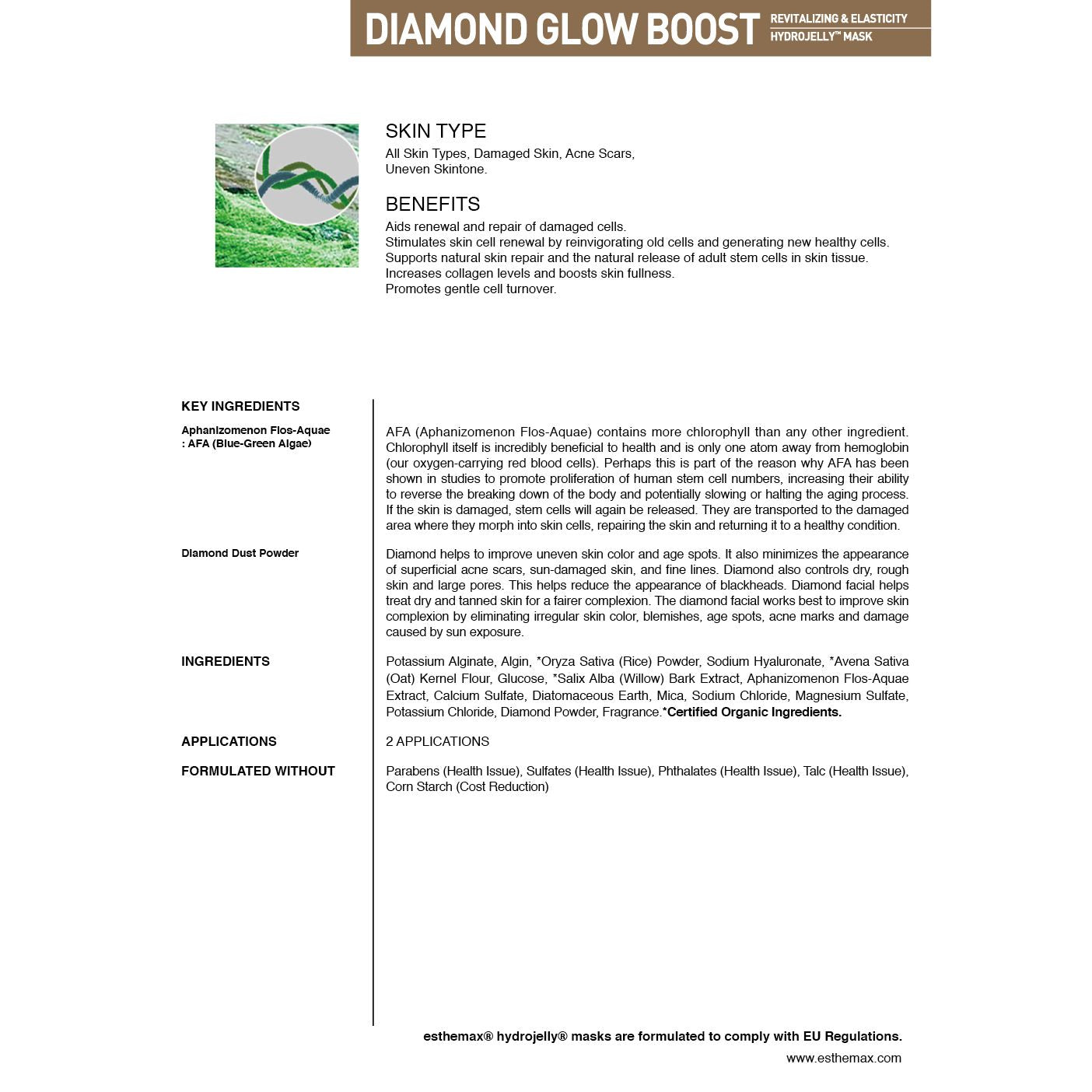 Diamond Glow Boost product description sheet with text and images on a white background