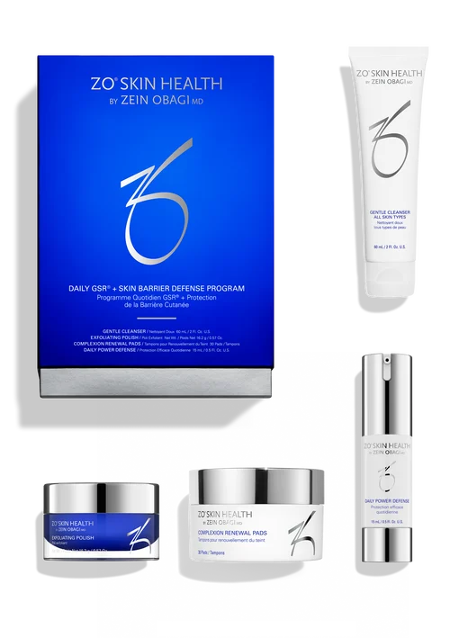 ZO Skin Health skincare products including a blue box, cream, and serum on a white background