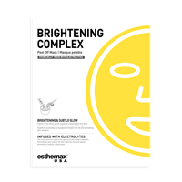 Product packaging for a brightening complex with a yellow face design on a white background.