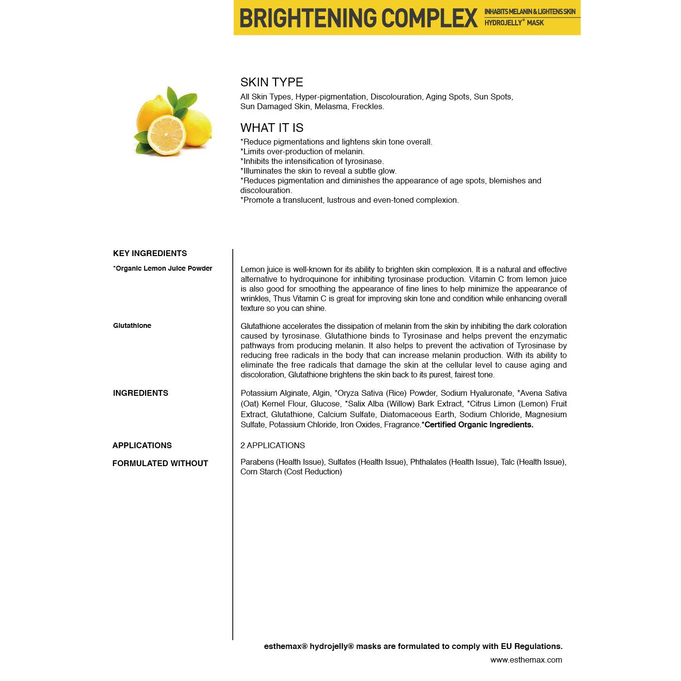 Product label for a brightening complex with lemon juice and text on a white background
