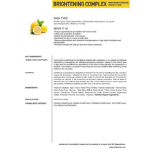Load image into Gallery viewer, Product label for a brightening complex with lemon juice and text on a white background
