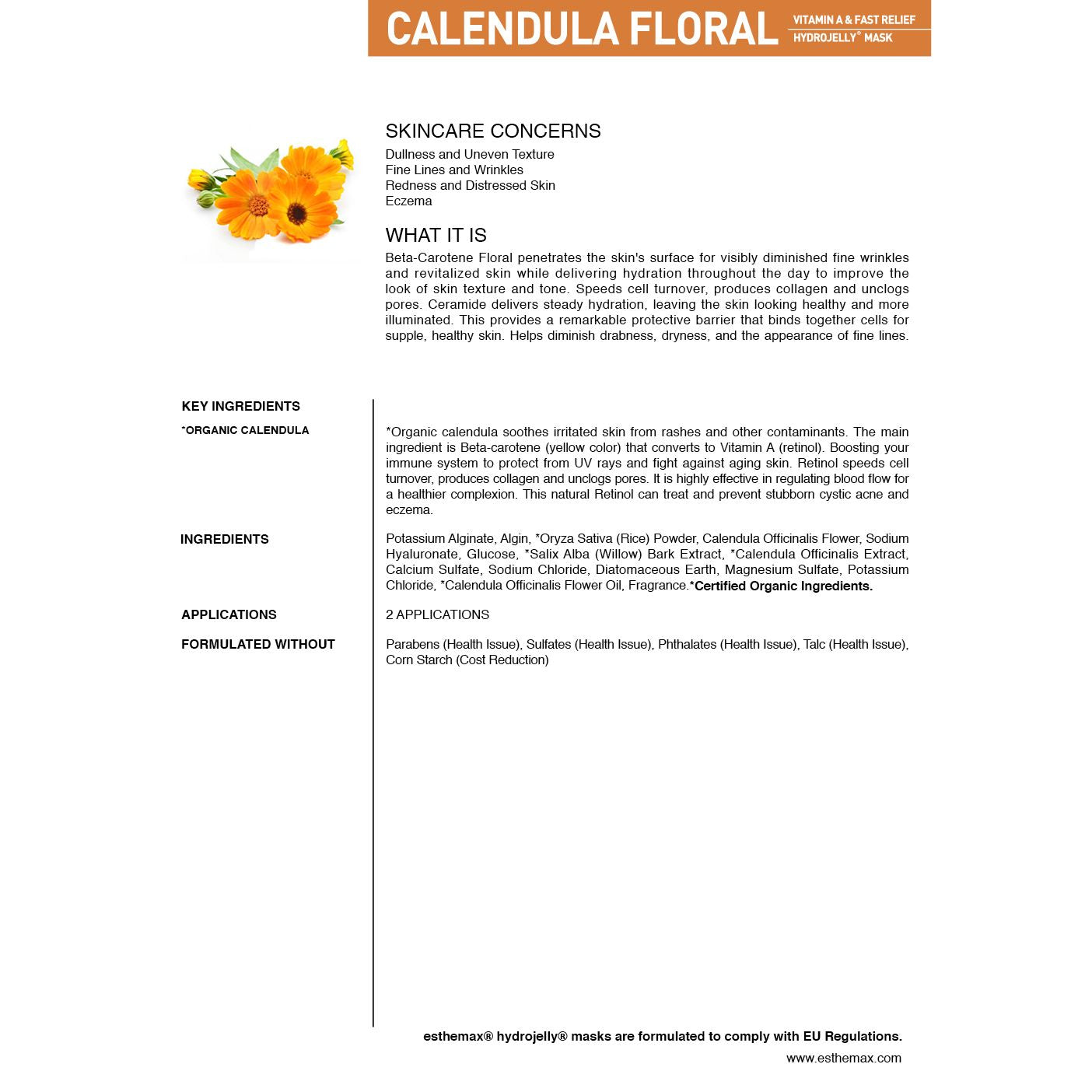 Product information sheet for Calendula Floral skincare product on a white background