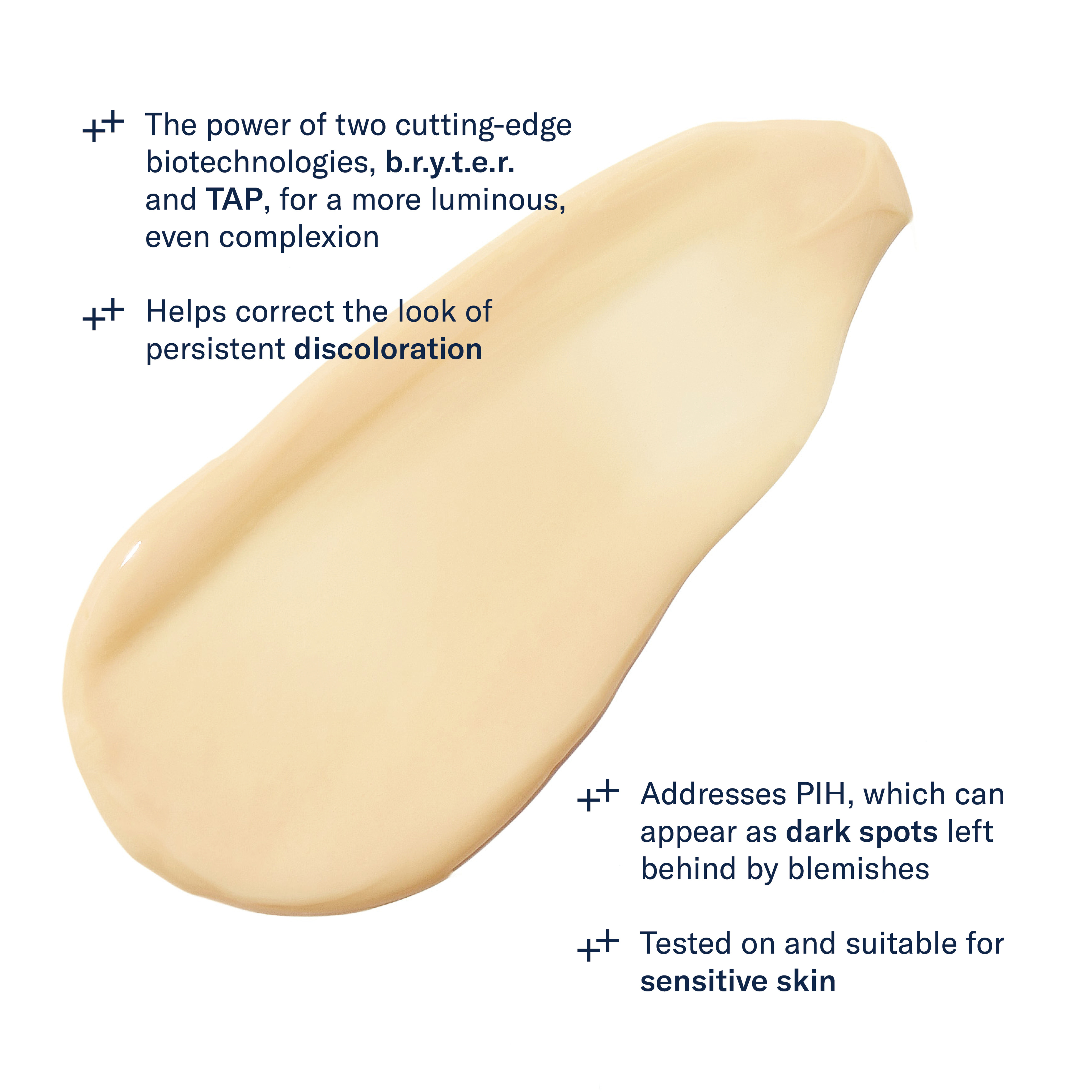 Beige cosmetic product swatch with text about biotechnologies and skin benefits on a white background