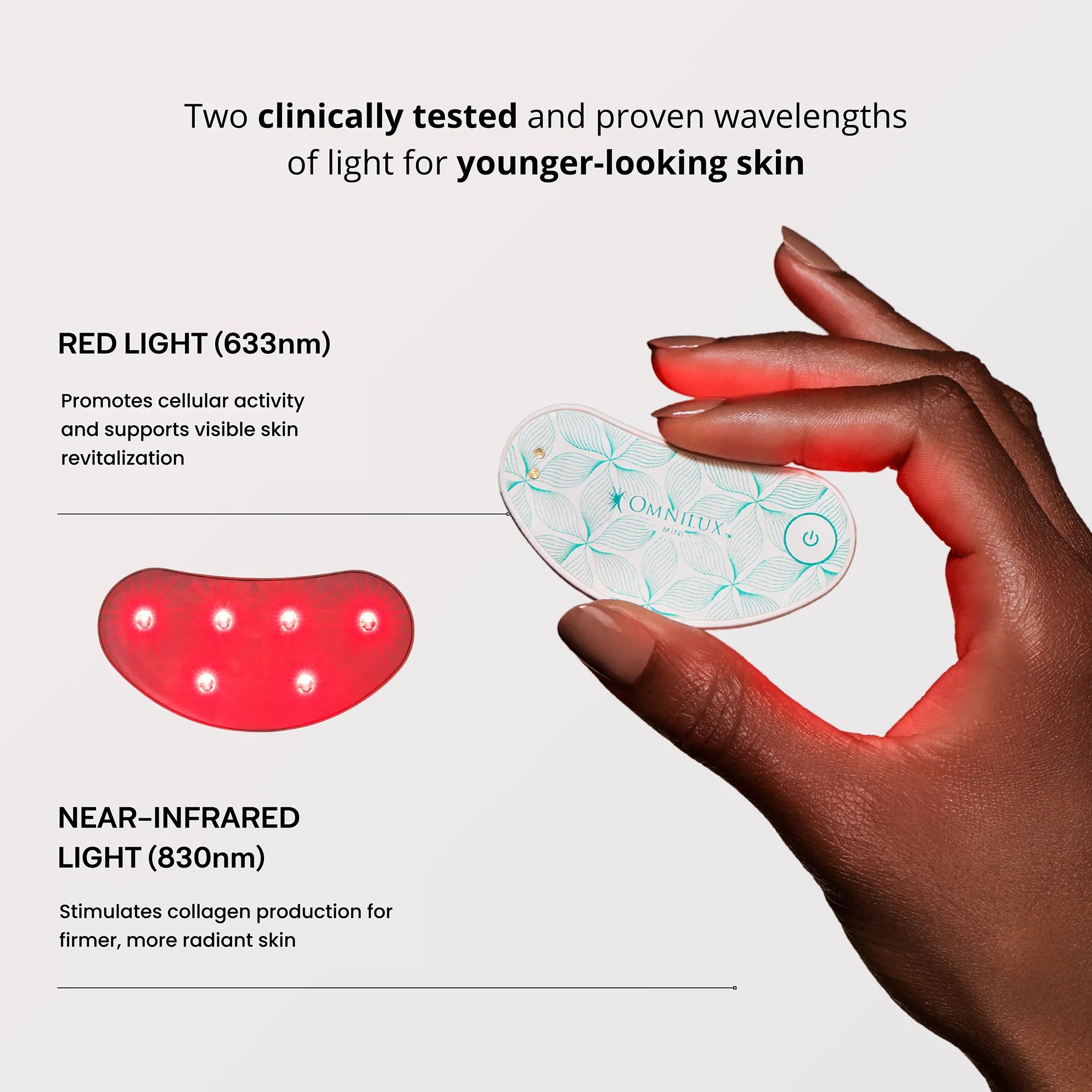 Hand holding a device emitting red light with text about clinically tested wavelengths for skin revitalization.