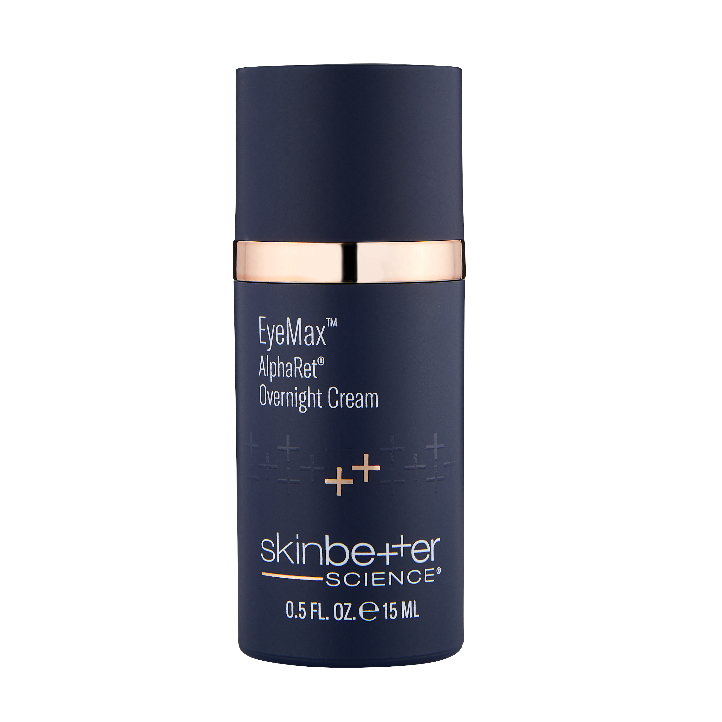 Blue skincare cream bottle with rose gold cap on a white background