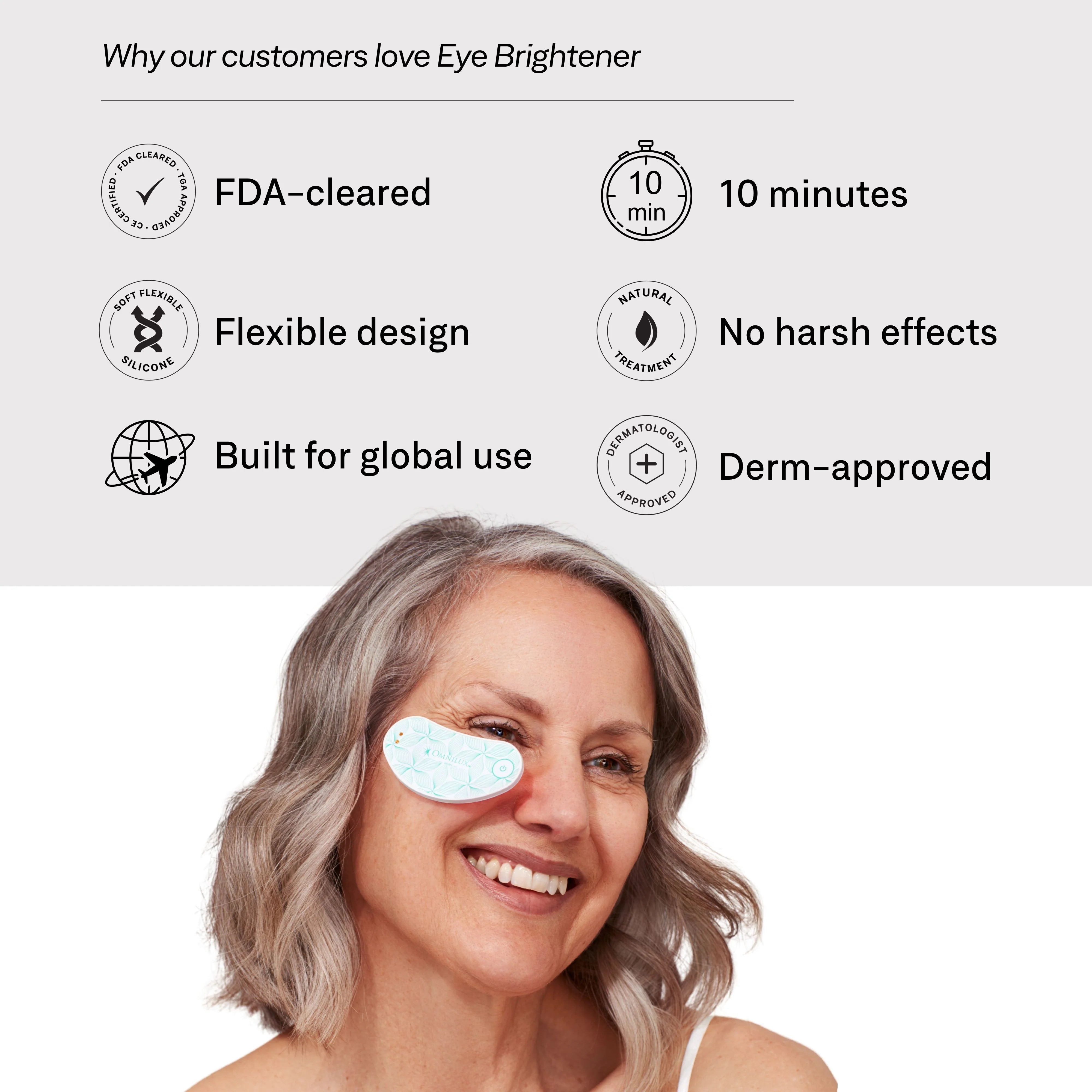Woman wearing eye brightener with listed benefits on a white background