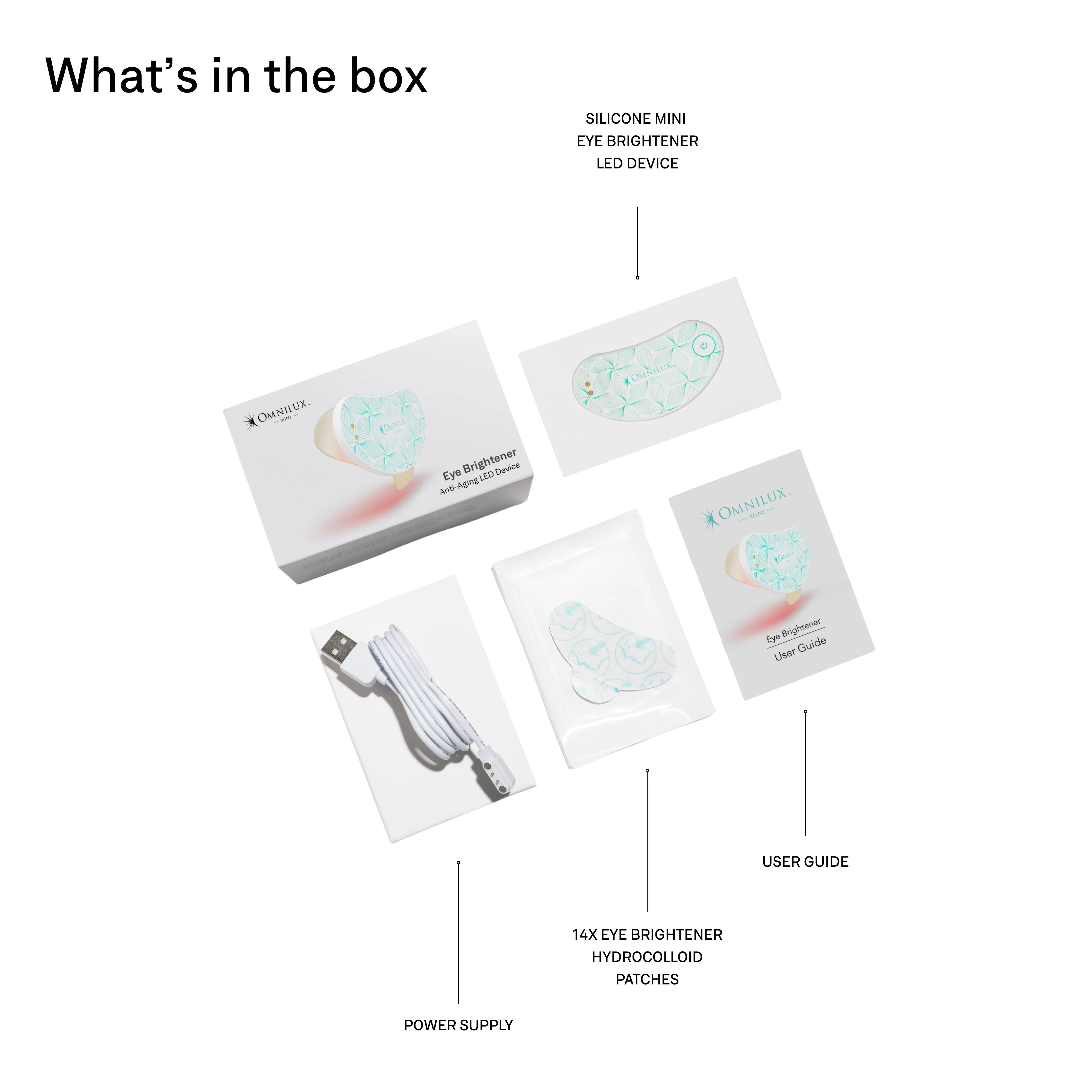 List of items included in a box with labels and images.