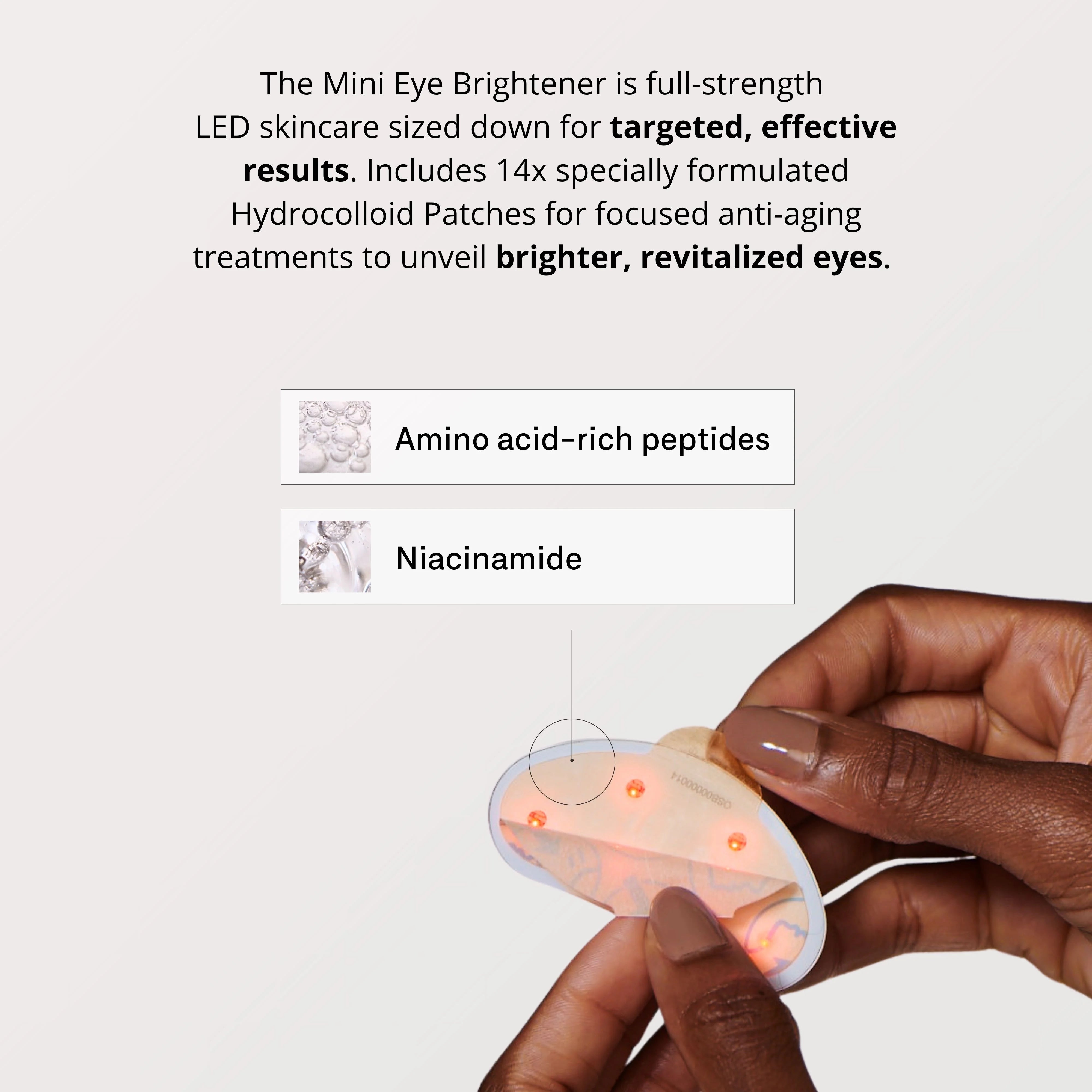 Hand holding a Mini Eye Brightener device with text about its features and benefits.