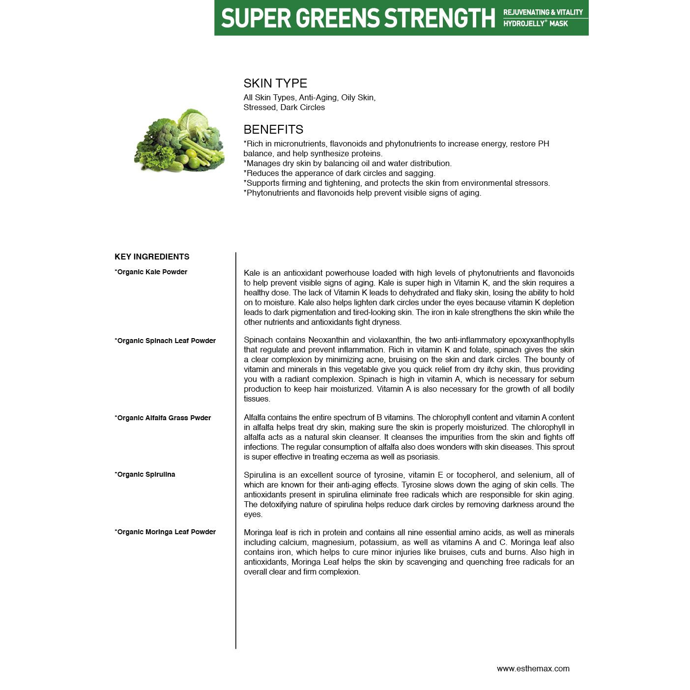 Product label for 'Super Greens Strength' with ingredients and benefits listed.