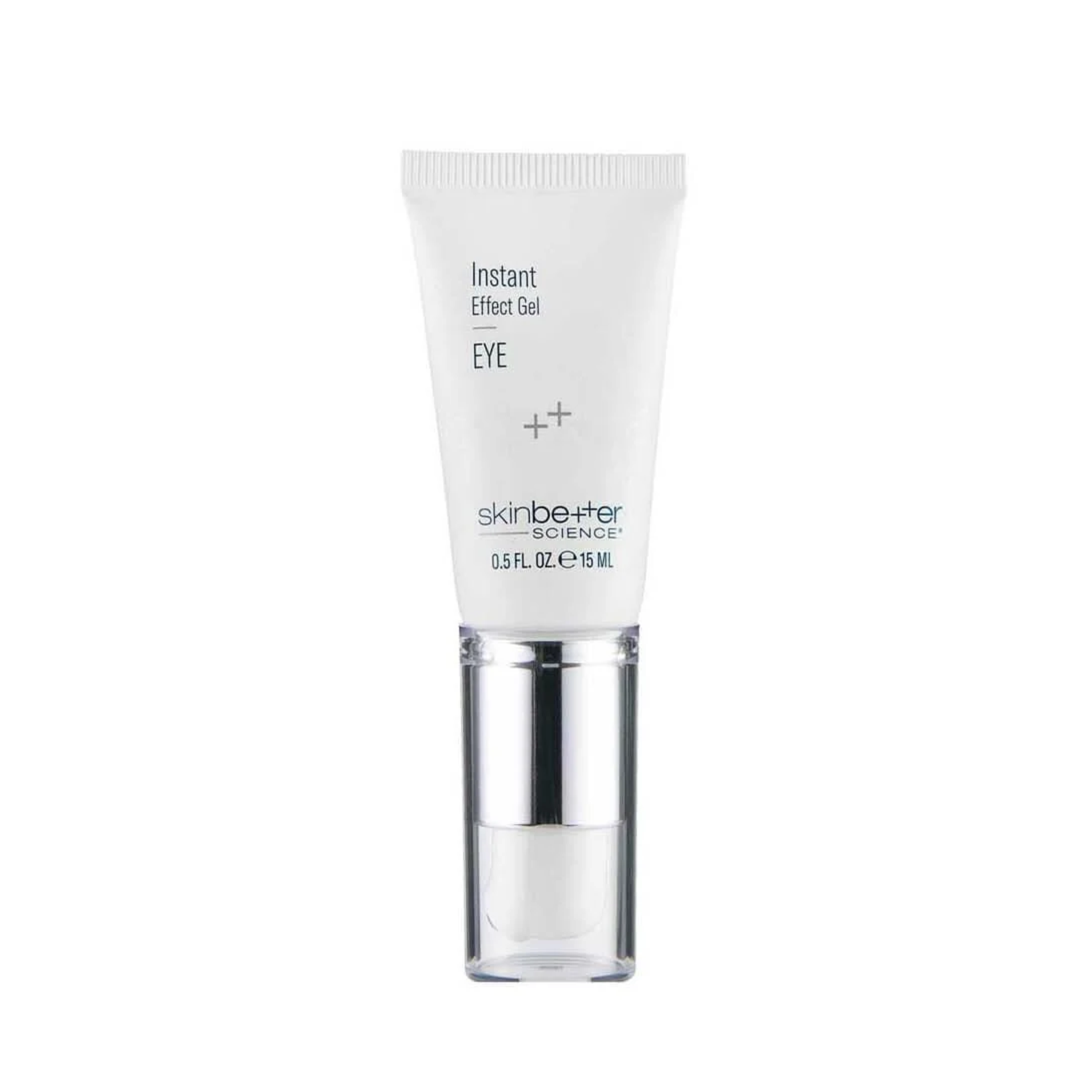 Skincare gel tube labeled 'Instant Effect Gel EYE' by 'skinbetter science' on a white background