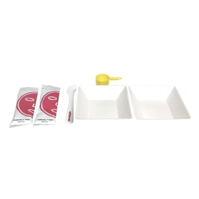 Two mixing containers, measuring cup, spatula, and two jelly masks on a white background