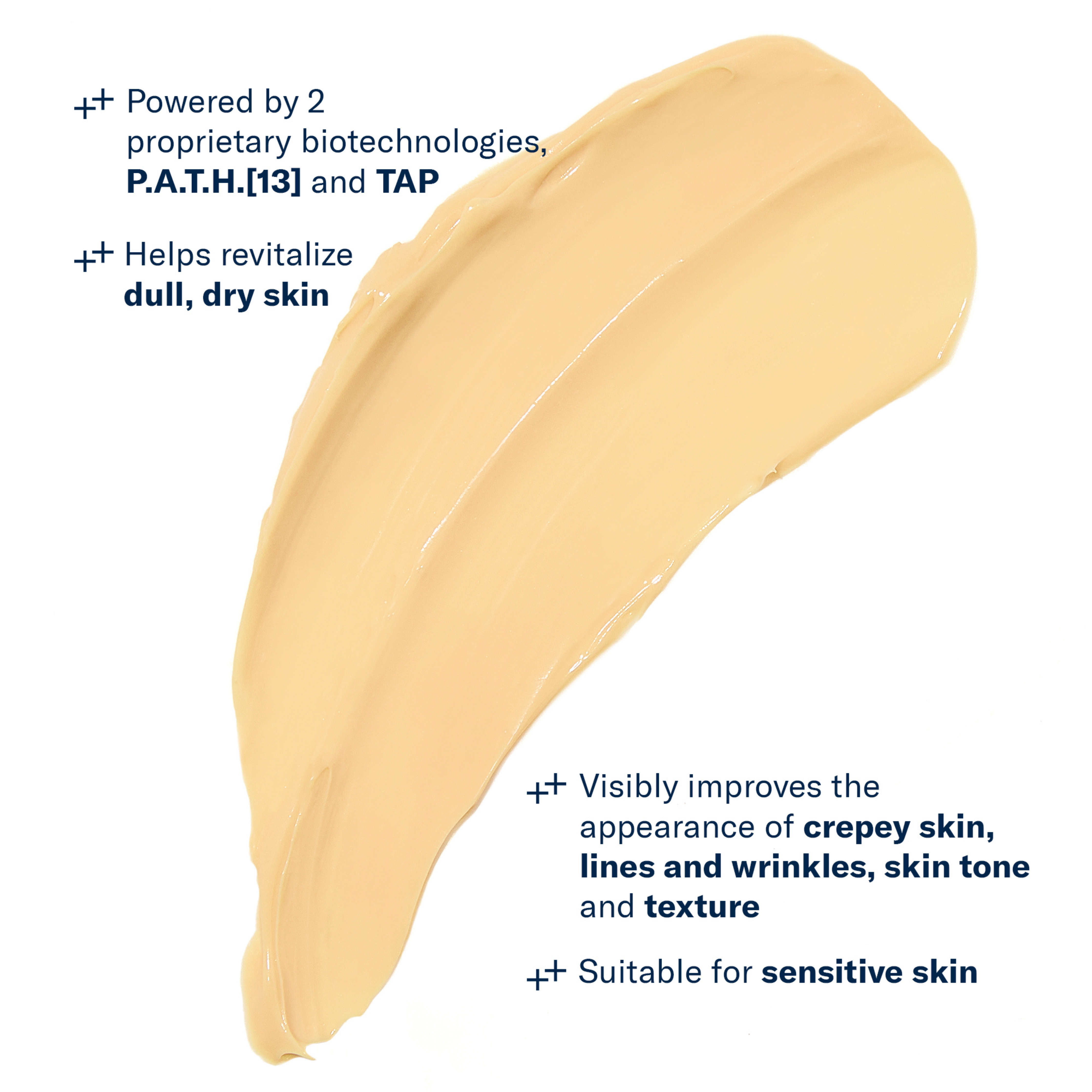 Beige cosmetic product swatch with text about skin benefits on a white background