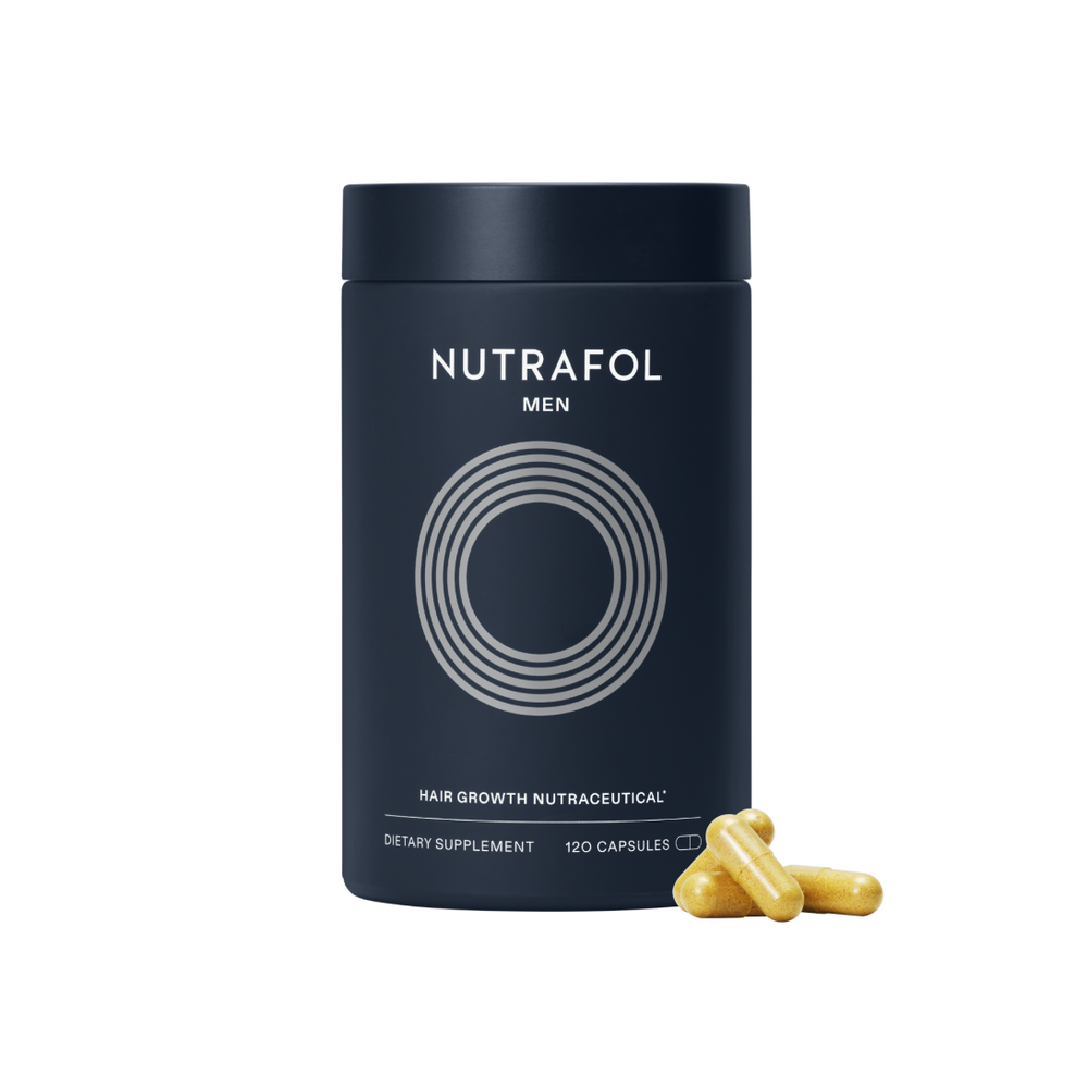 Nutrafol Men's hair growth supplement container with capsules on a white background
