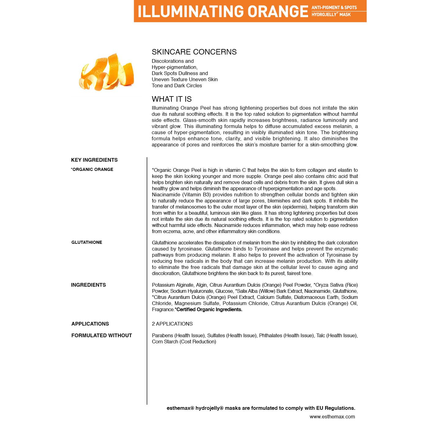 Product information sheet for illuminating orange mask with ingredients and benefits on a white background.