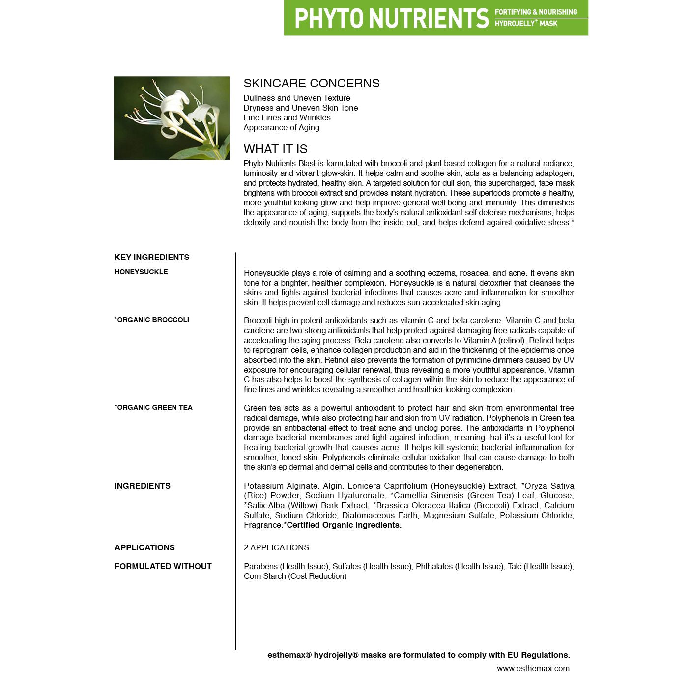 Product information sheet for 'Phyto Nutrients' skincare mask with text and branding.