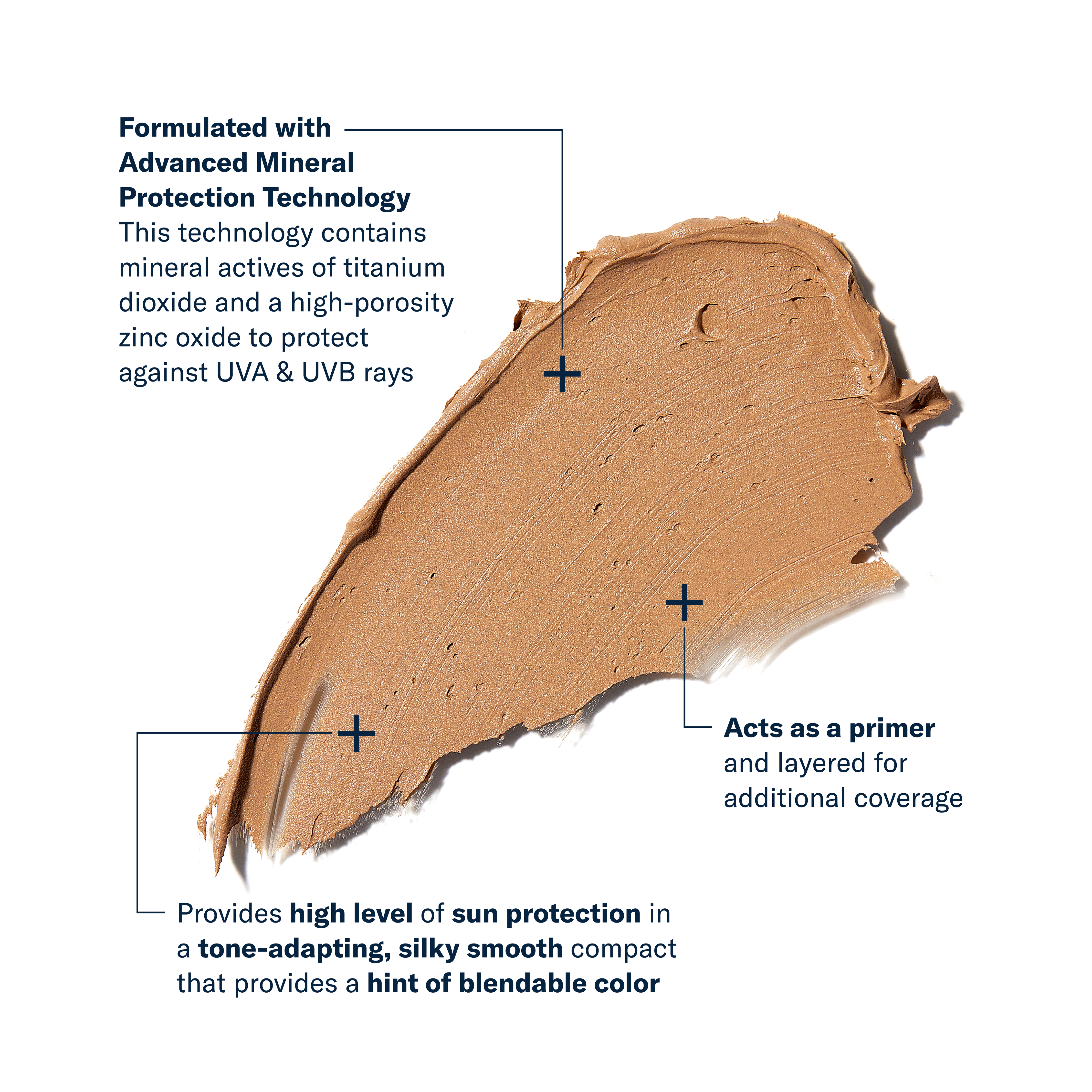 Brown cosmetic product with text about advanced mineral protection technology on a white background