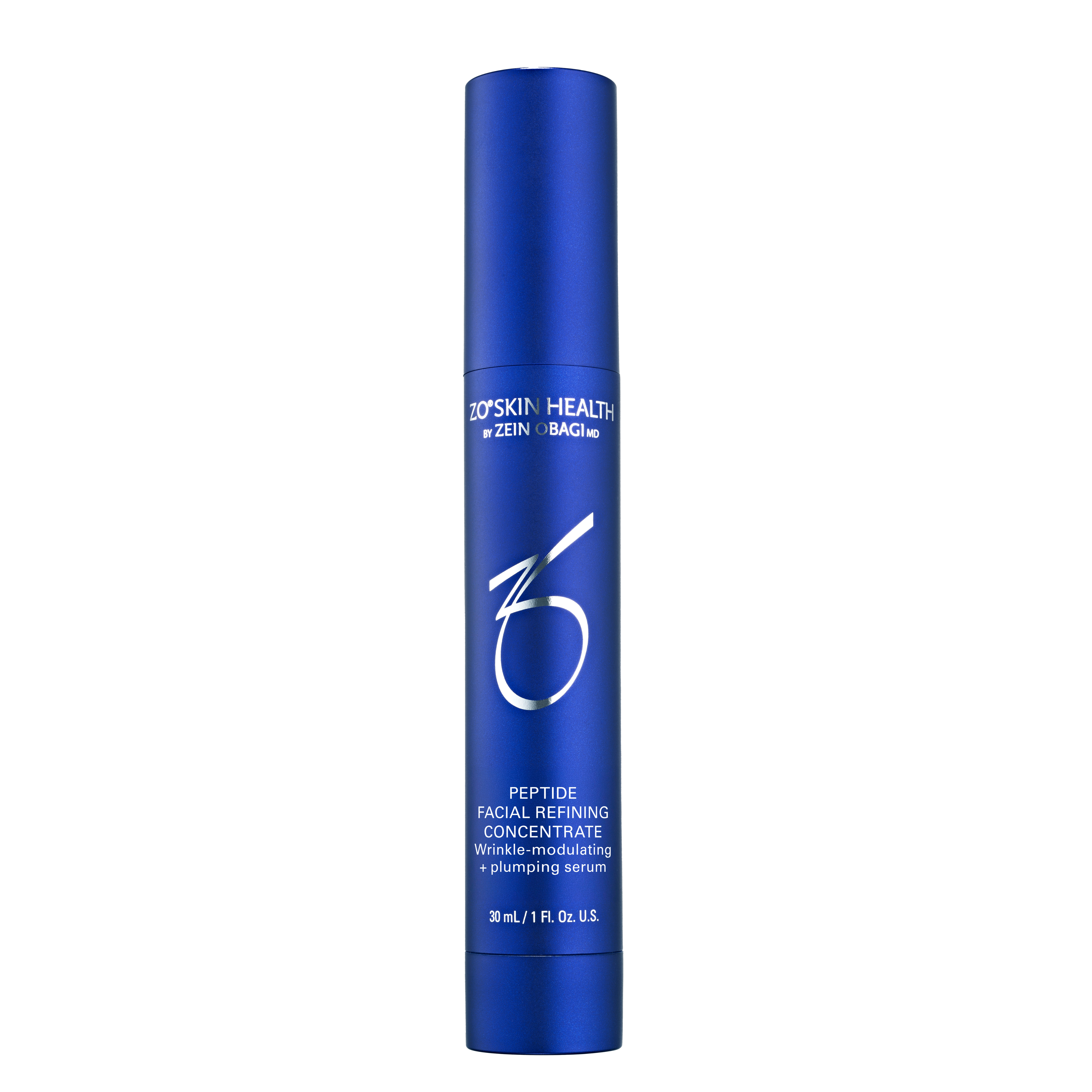Blue cylindrical skincare bottle with text on a white background