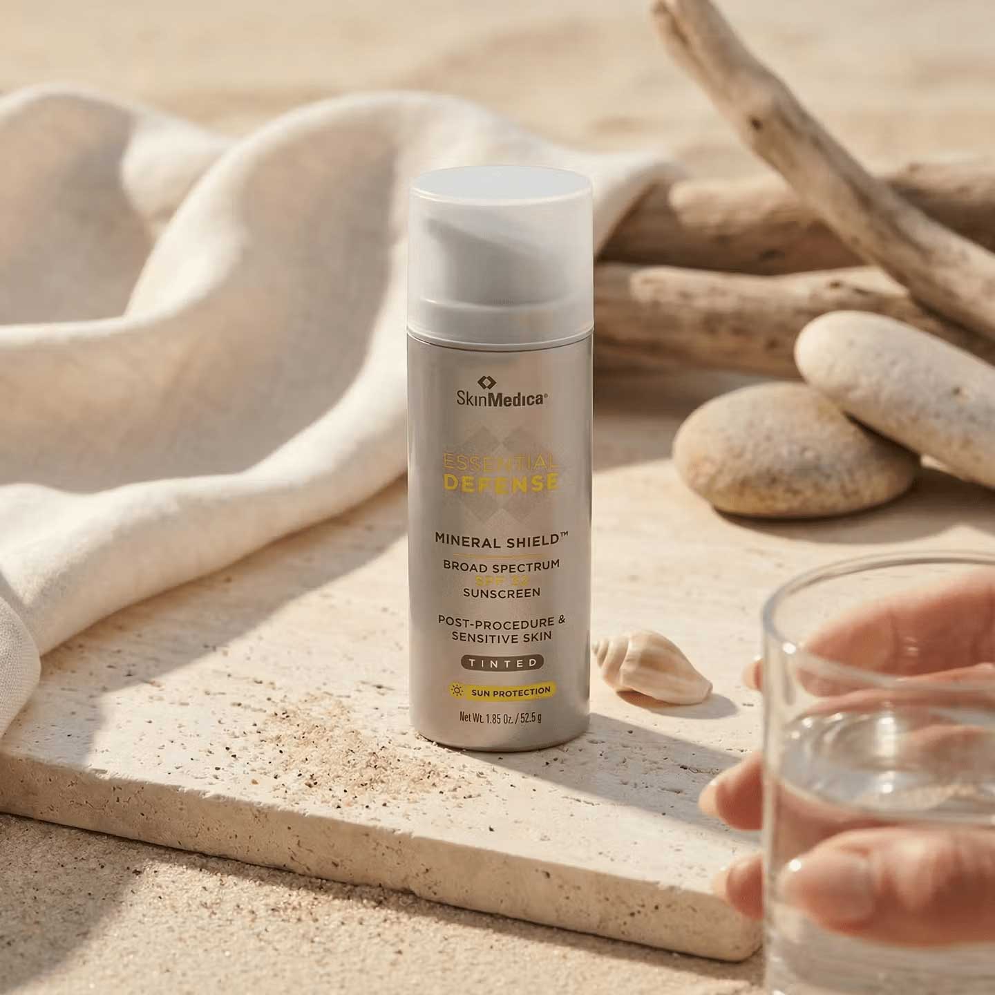 SkinMedica sunscreen bottle on a natural setting with stones and glass