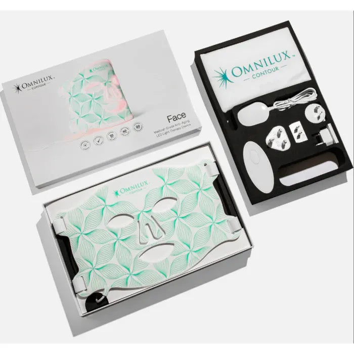 Omnilux skincare product set with packaging on a white background
