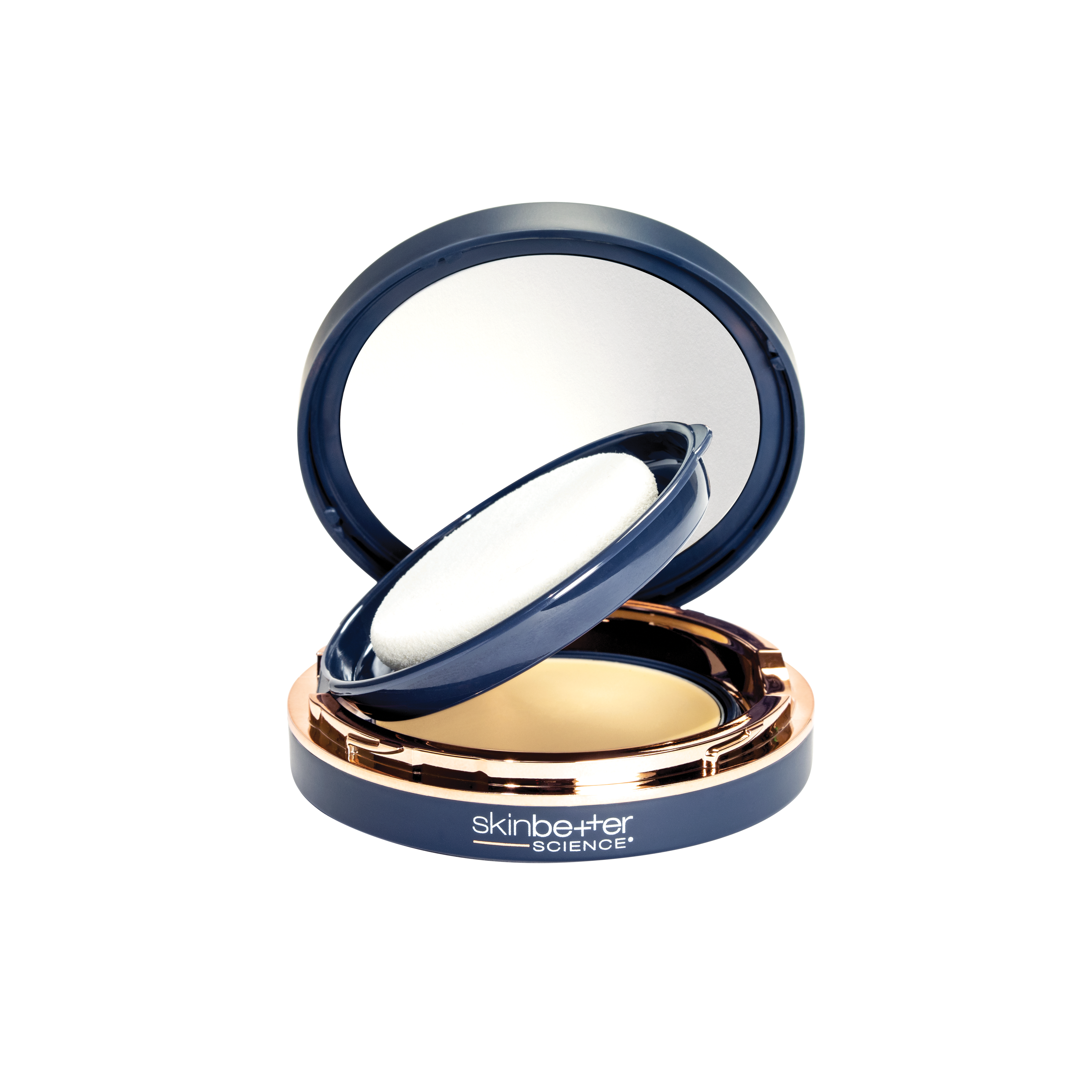 Compact powder with open lid on a white background, featuring the brand 'Skinbetter Science'.