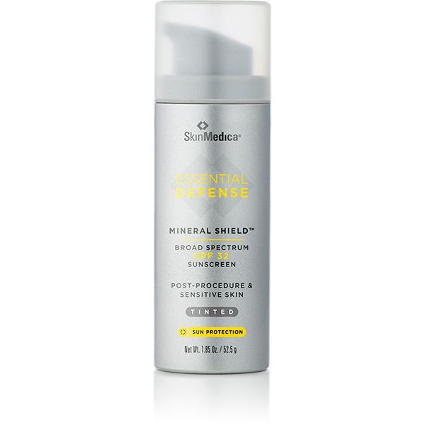 SkinMedica Essential Defense Mineral Shield sunscreen bottle on a white background